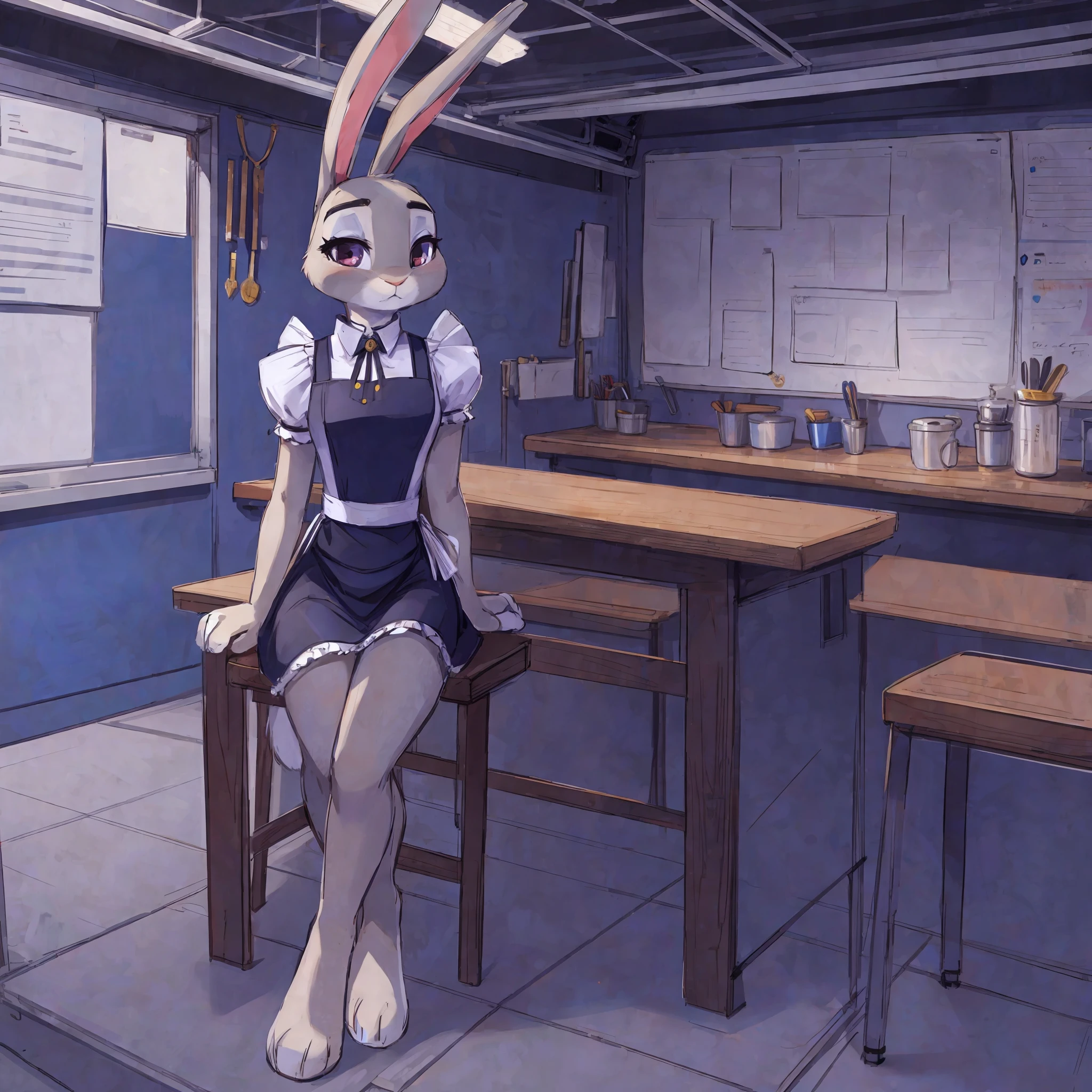 (Anthro Rabbit Girl, Rabbit Ears:1.2),, (1girl) (Sketch) (sitting, workshop background, maid uniform), (((Solo))), there is only 1 character on stage.