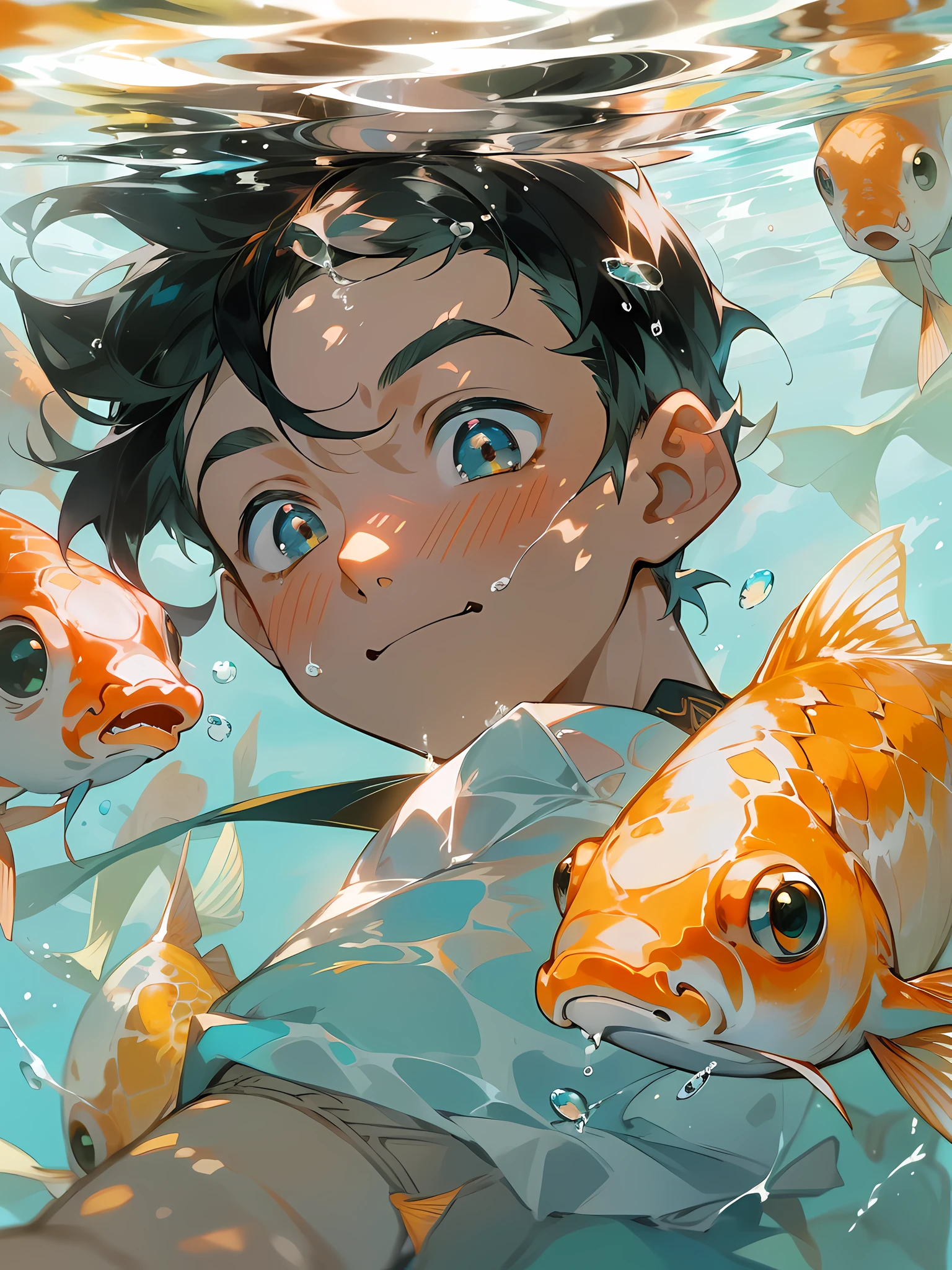 Garçon anime avec du poisson dans l'eau - SeaArt AI