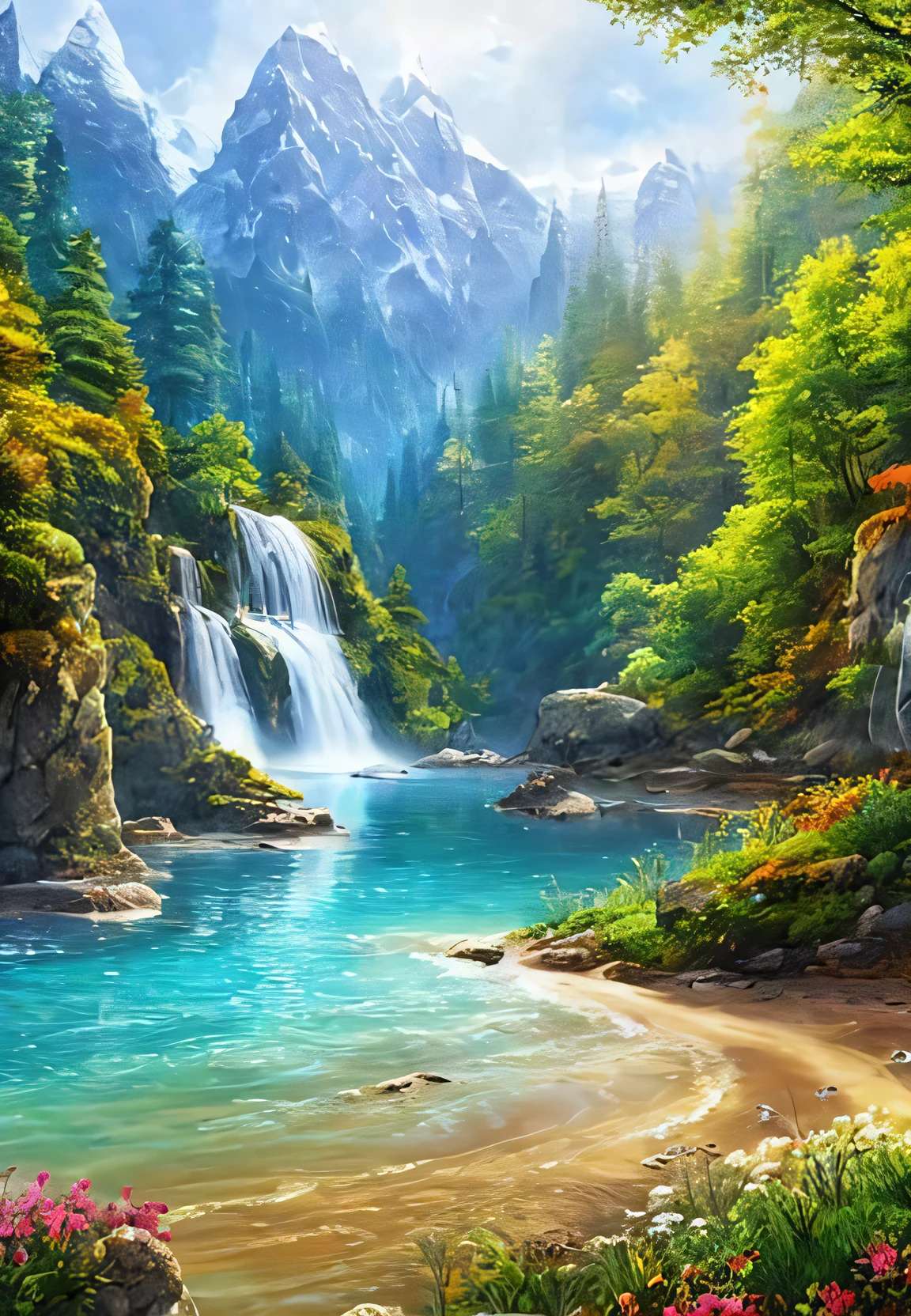 A painting of a waterfall in a forest with a mountain in the 