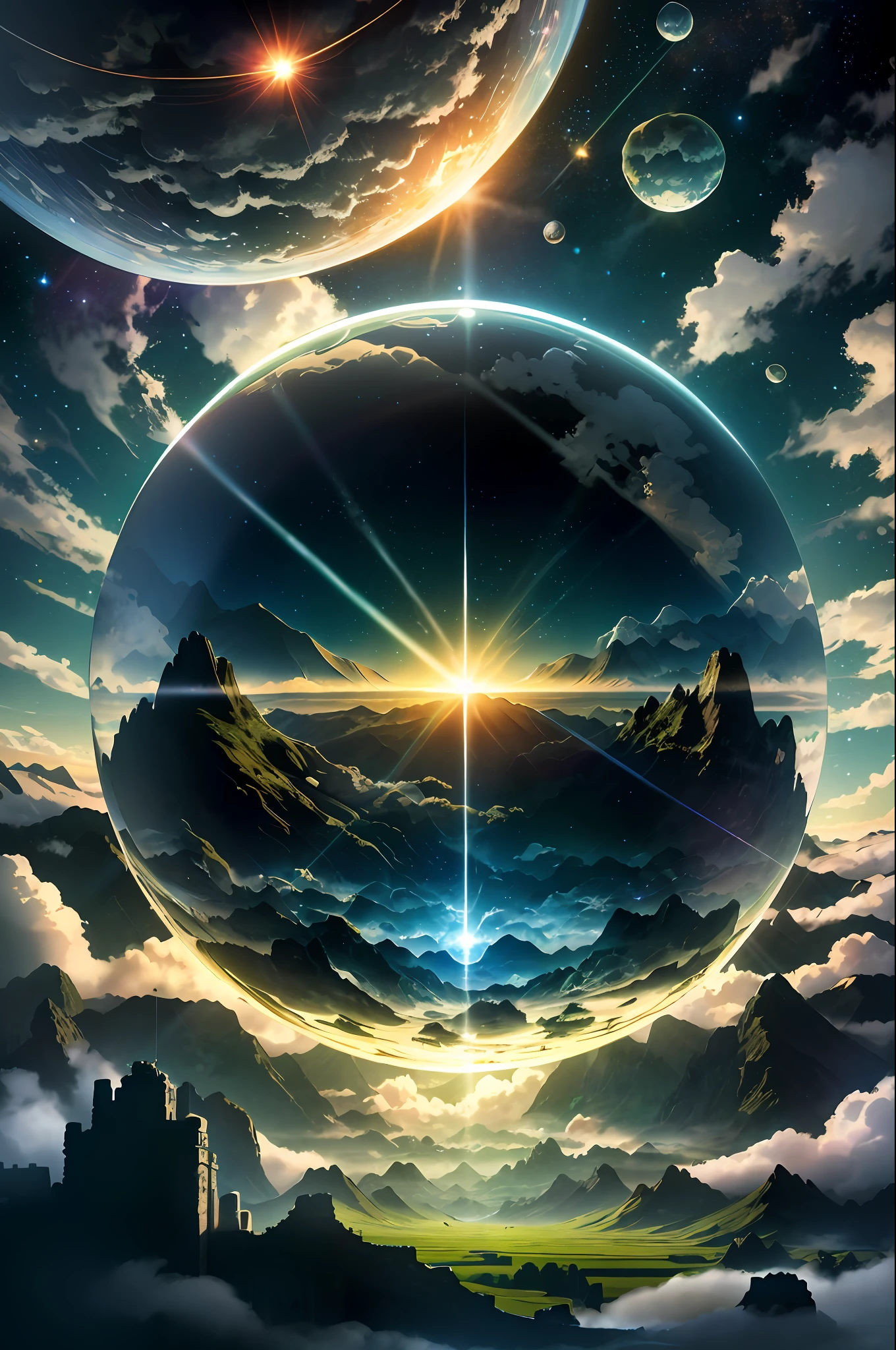 A giant mirror sphere floating in space, flickering lights, sad hamster lost (heaven like green fields surrounded by high mountains and clouds:1.3), particles in the air, god rays, stars in the background, intricate fractals, detailed, (illustration), masterpiece, high resolution, best quality.