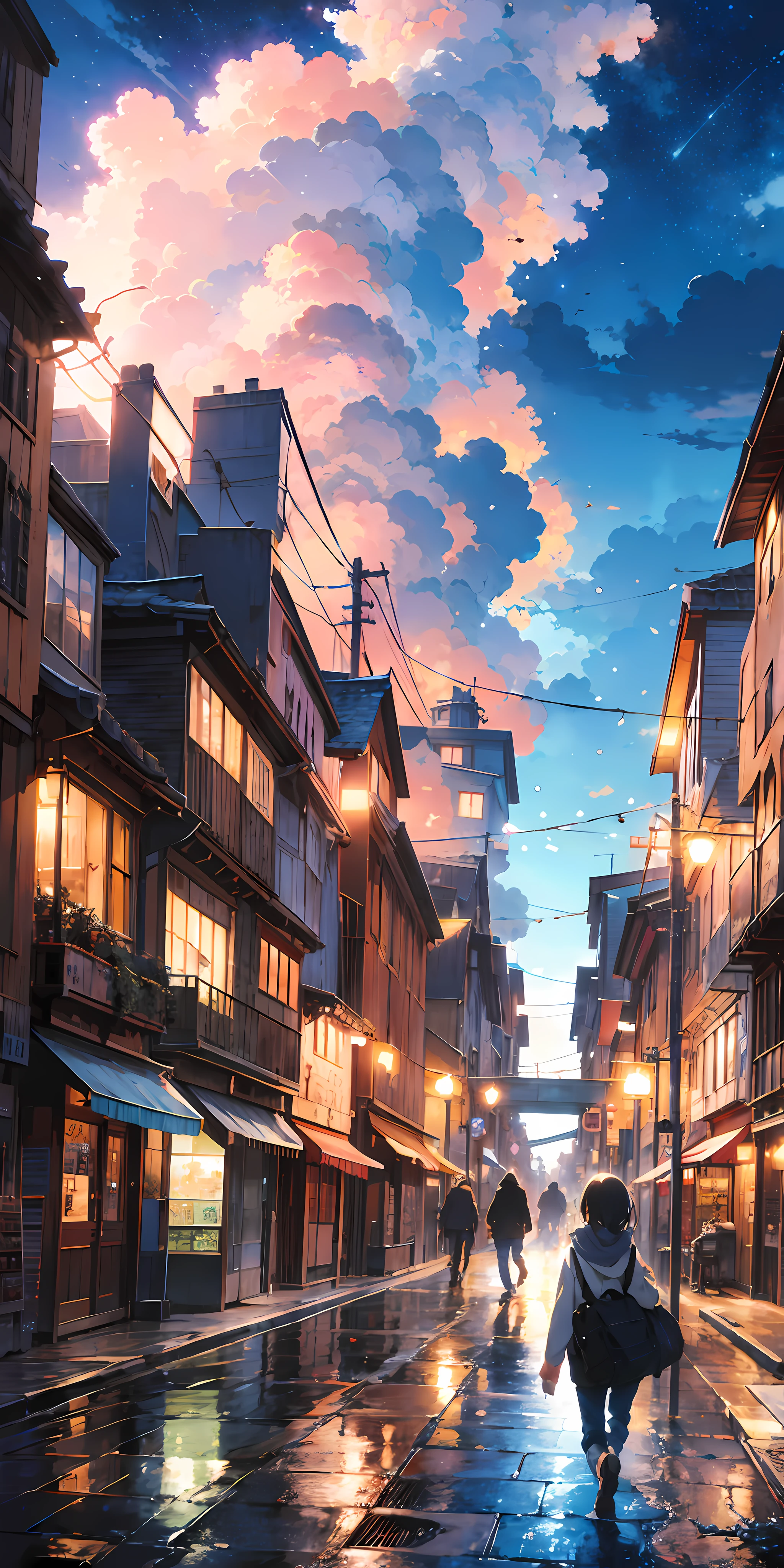 Anime landscape of a city with a tower, a person walking on a snowy path, cosmic sky. By: Makoto Shinkai, beautiful anime scenes, Makoto Shinkai, Cyril Rolando, anime background art, beautiful anime scenery, anime art wallpaper 4k, anime art wallpaper 4k, 4k anime wallpaper, anime wallpaper 4k, anime wallpaper 4k, details Reinforced, perfect detail processing.