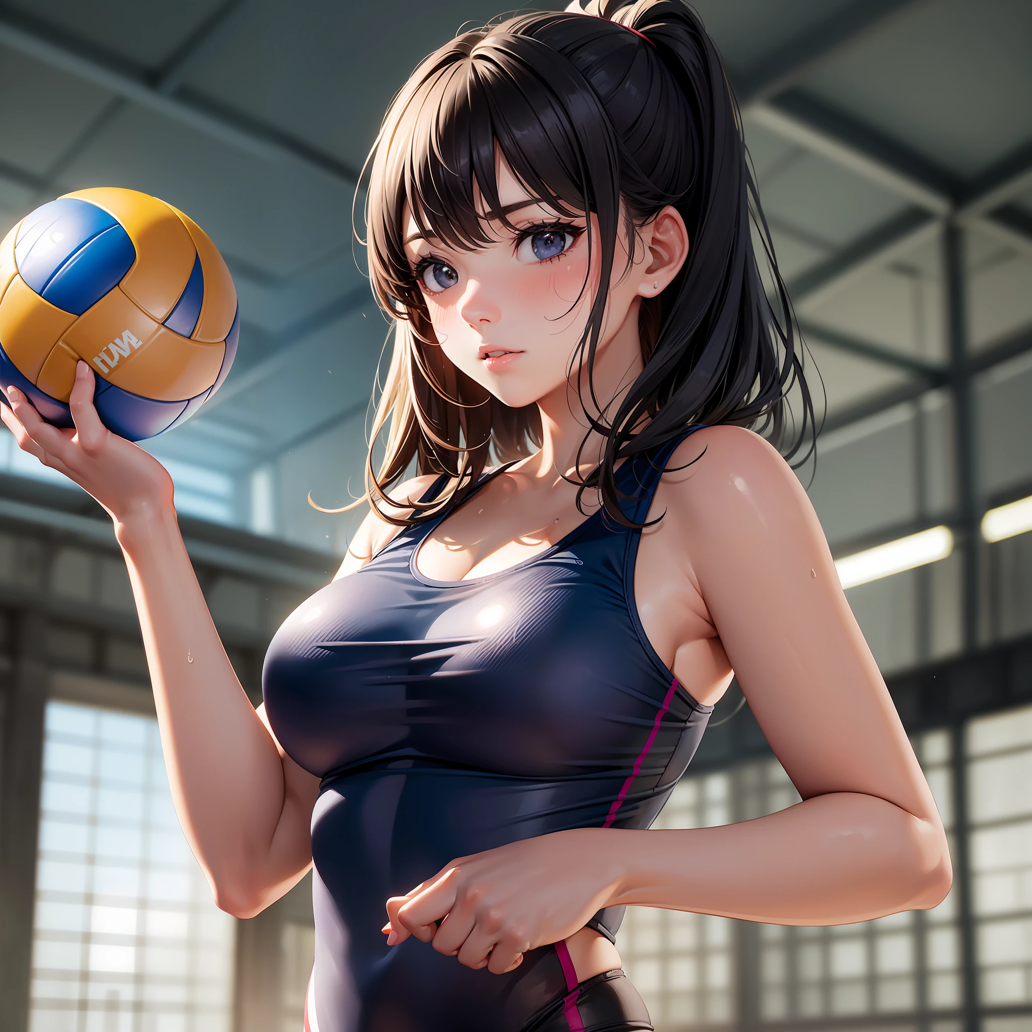 Anime girl in a black top holding a volleyball ball - SeaArt AI