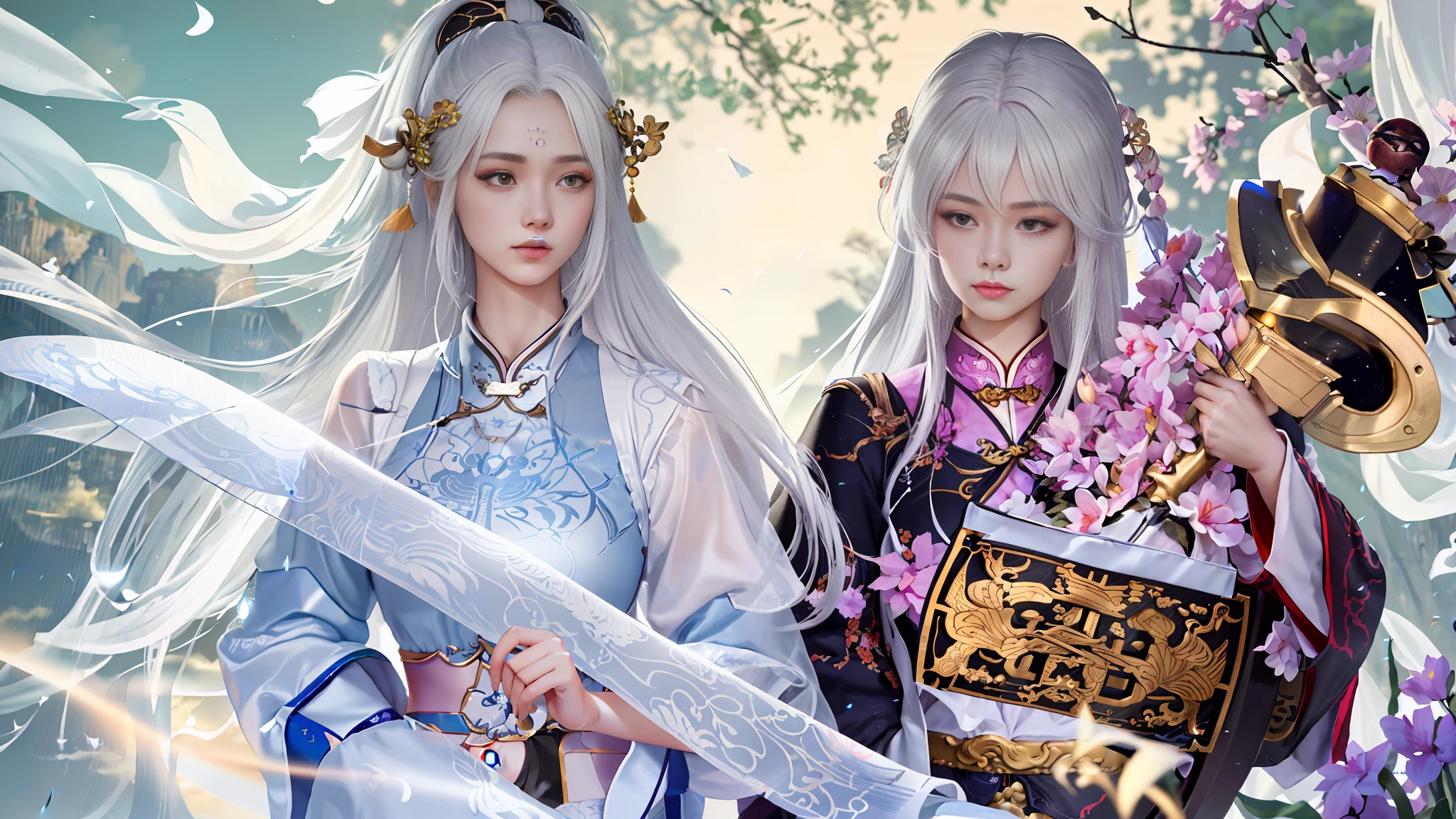 two girl, A girl holds a piano, A girl holds a lute, white hair, xianxia fantasy, CG social popularity, Chinese Tower, Prospect floats, Hair is scattered, motion blur, cinematic lighting, blurry foreground, motion lines, high details, 16k, highres, textured skin, super detail