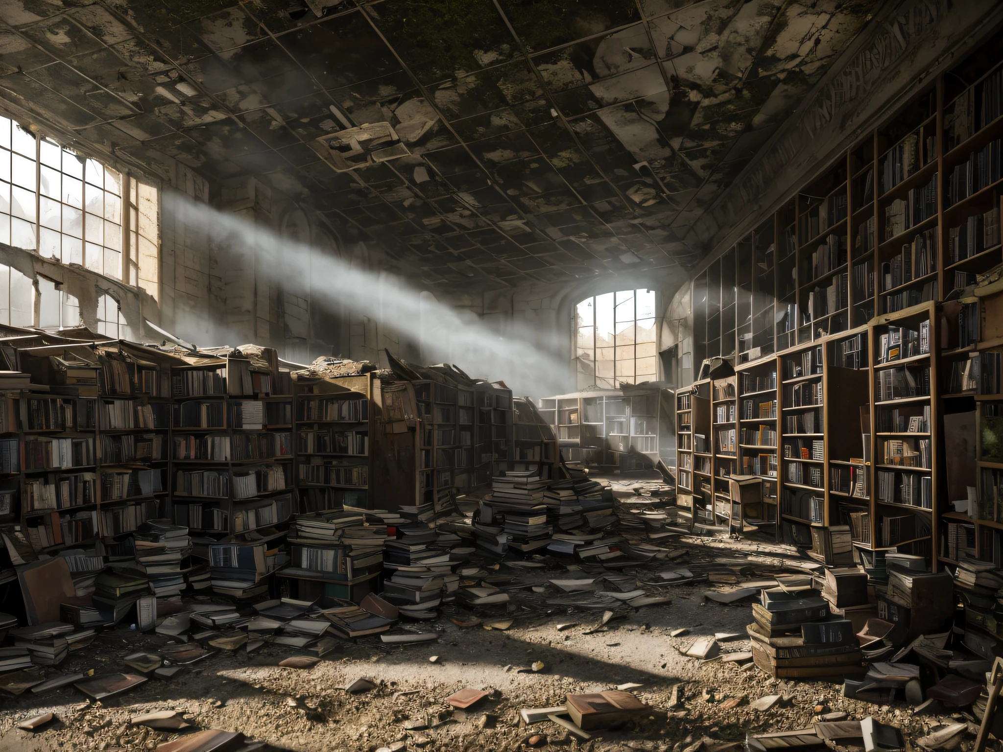 Renderização 3D de uma grande livraria, abandonado, Graus de cores dramáticos, moss, abandonado, quebrado, velho, Gradação de cores precisa, RVB, sony A7 III, Sigma Arte 85 mm f / 1,4DG HSM, perfeito, dispersão subterrânea, motor irreal, sol empoeirado, mundo distópico