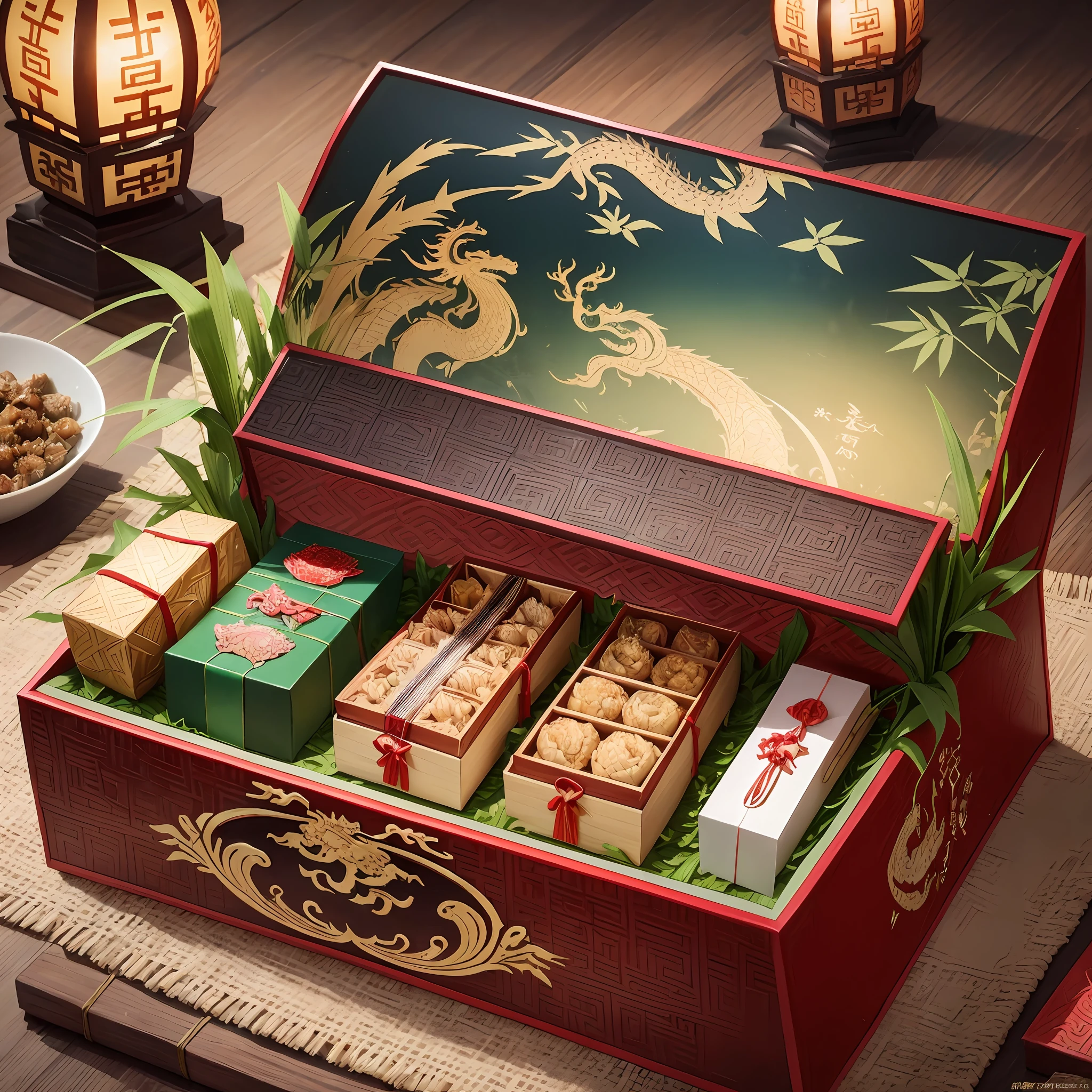 Hochwertige Geschenkbox zum chinesischen Drachenbootfest, Die Geschenkbox ist geöffnet, Der Deckel der Geschenkbox ist ein schwebender Drache, fangs, Chinesischer Drache, (eine detaillierte Nahaufnahme Bildqualität Drachenbootfest Essen Geschenkbox), Chinesische Reisknödel in Bambusblätter eingewickelt --auto --s2