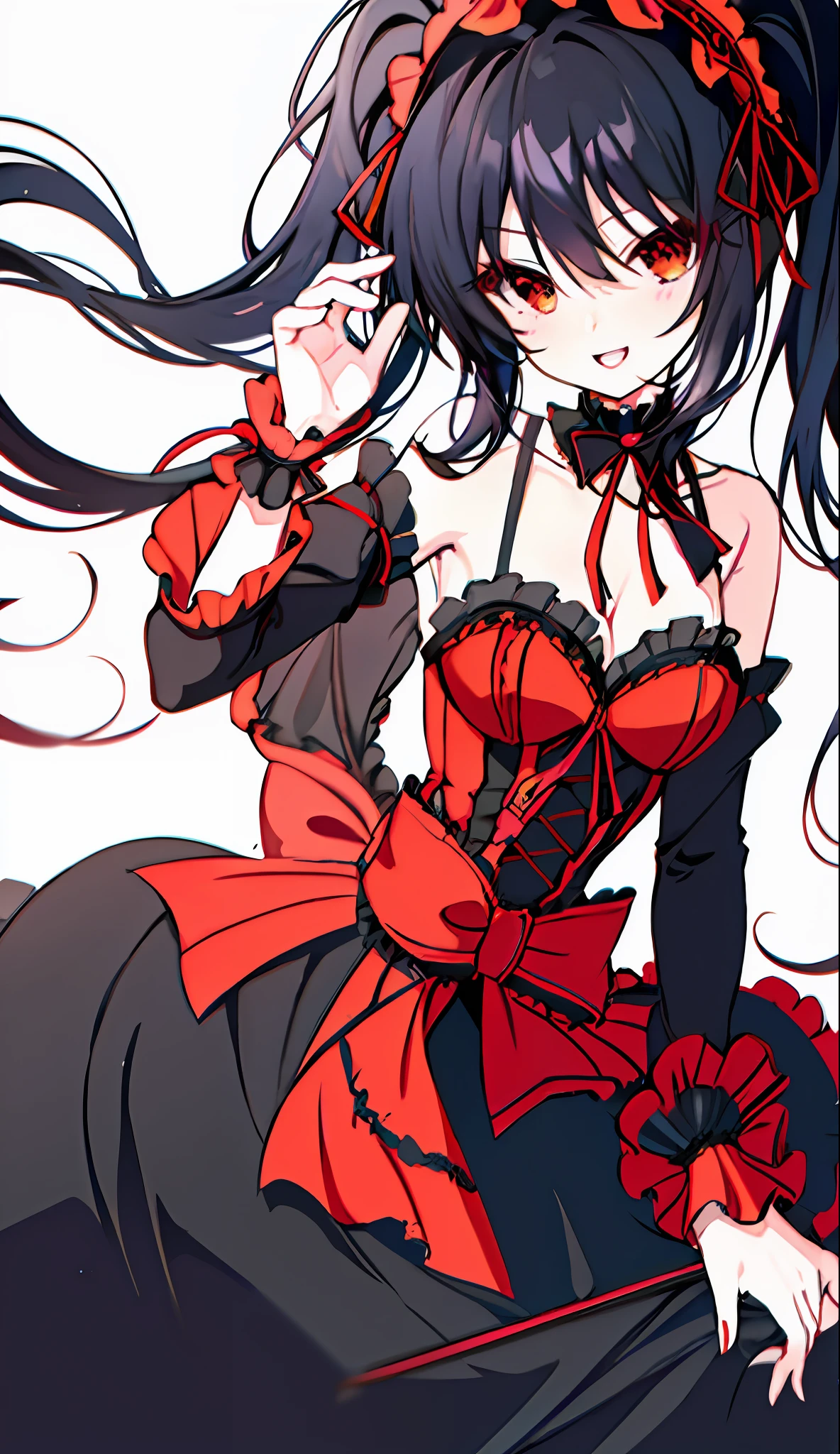 1 Beautiful Girl, Masterpiece, Top Quality, 8K Anime, 1 Girl, Solo, Detailed Fingers, Precise Fingers, Non-Unnatural Hands, Odd Eye, Red Eyes, Cleavage, Black Hair Twin Tails, Kurumi Tokizaki