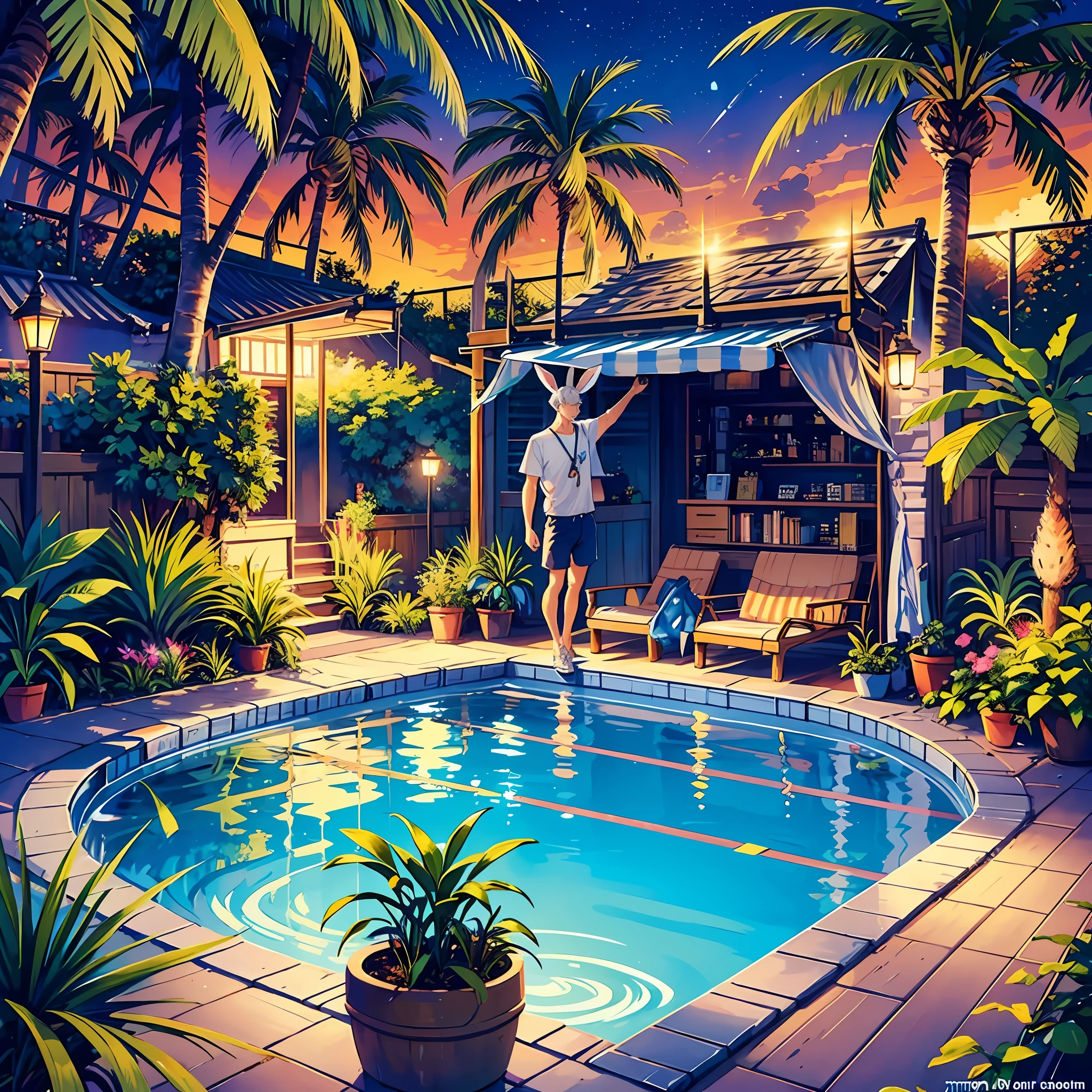 illustration style, cute boy, silver-haired blue-eyed rabbit ears, solo, rabbit ears, rabbit ears, sunny moonlit night, leisurely, sunny night sky, pool relaxation, gaming pool, inflatable float, carefree atmosphere, refreshing water, friendly, half pants, aloha shirt, open shirt, boy's body, refreshing water, gentle ripples, comfortable relaxation, , tropical palm trees, Night sky, lazy night, quiet oasis, --auto --s2