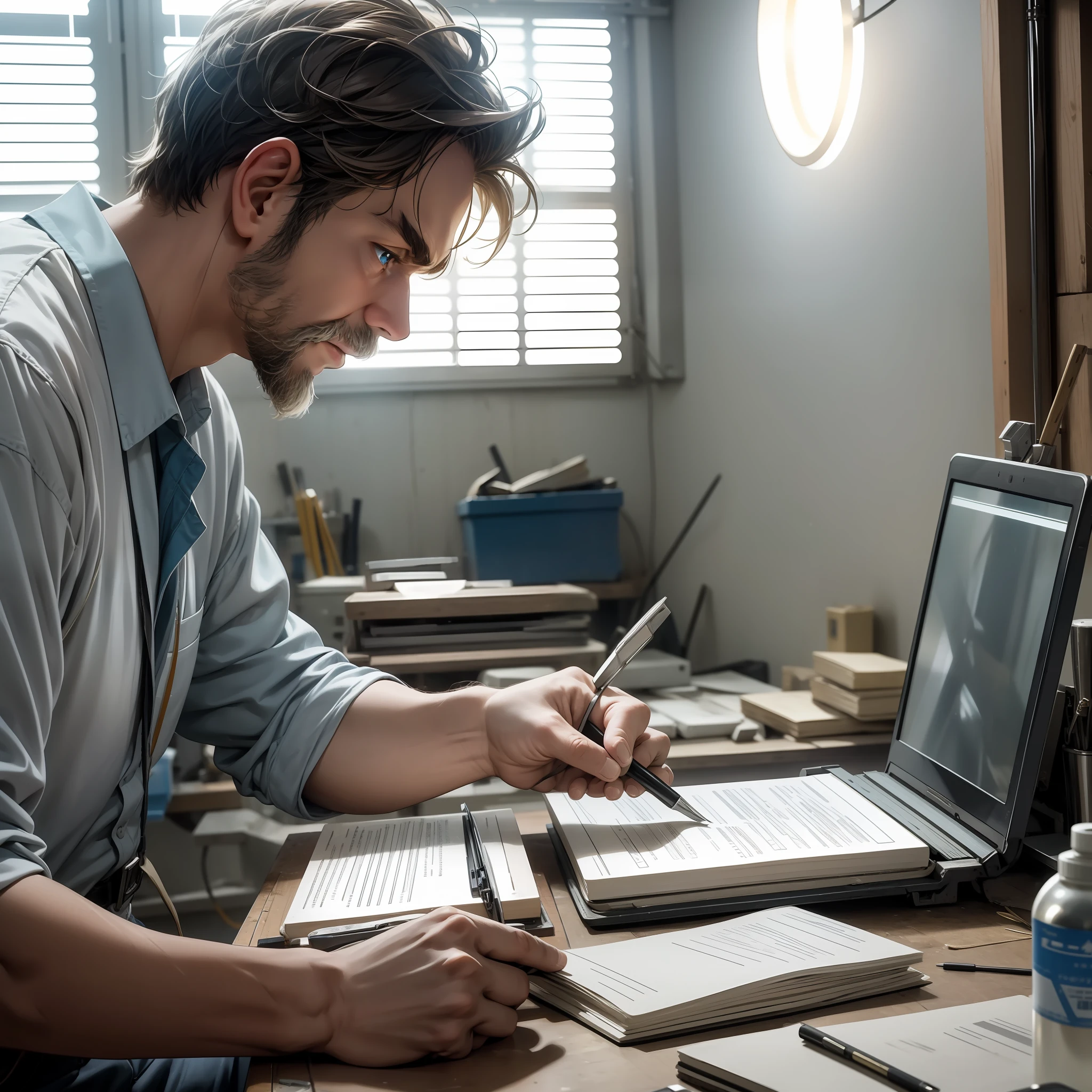 In the workshop illuminated by a soft white light, a skilled and determined man focuses on fixing a notebook. His eyes are fixed on the bright screen, reflecting the intensity of his work. --auto --s2