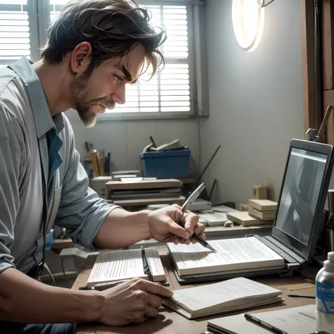 in the workshop illuminated by a soft white light, a skilled and determined man focuses on fixing a notebook. his eyes are fixed...