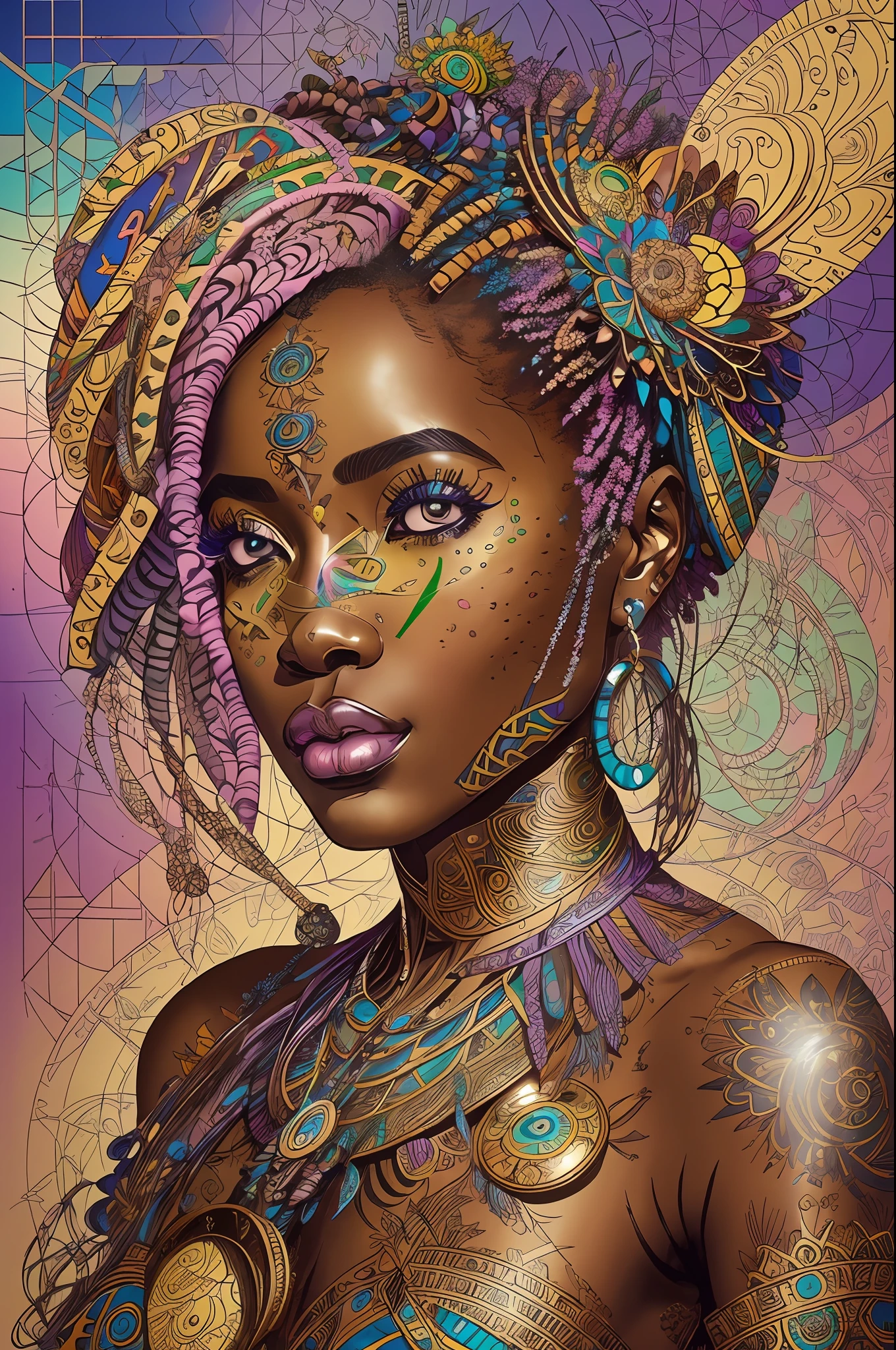 nvinkpunk, floral, steampunk (((African young-aged woman))), insanely beautiful woman, masterpiece, best quality, ((detailed face)), long messy hair, pastel colors, bright eyes, ((award winning)), (High Detail), Sharp, 8k, trending on artstation, intricate, floral - ar 3:4 --auto --s2
