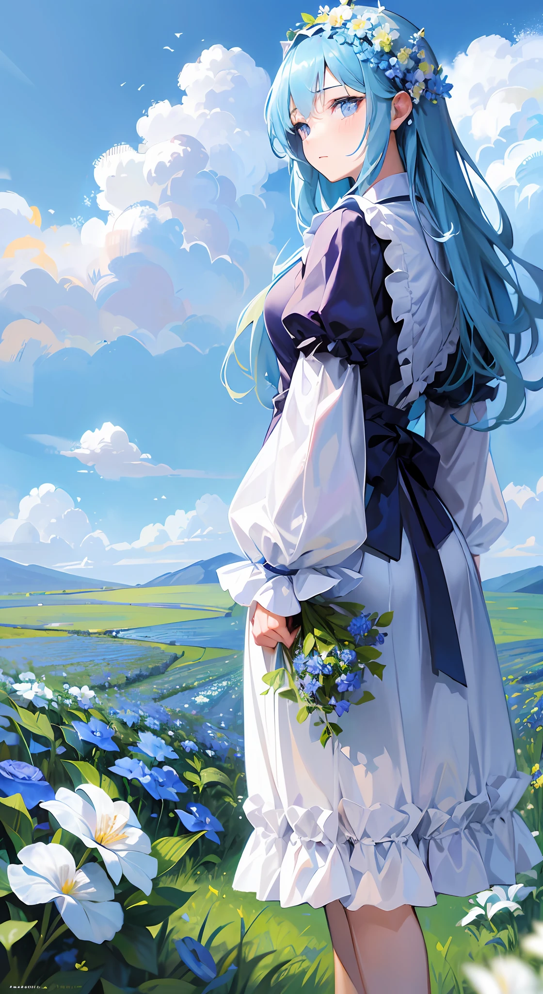 (absurdesten, highres, Extrem detailliert, UHD, filmisch), Allein, 1 Mädchen, reifen, Glücklich, girl standing in hellblau flower field, hellblau flower petal surrounding girl, Ganzkörper, blaues langes haar mädchen, hellblau hair, Fantasie, verträumt, schneebedeckt, offizielle Kunst, Pop-Art, Profil, Extrem detailliert face, Extrem detailliert eyes, hellblau flower field, Extrem detailliert field, Weiß blue sky, kalt, hellblau, Weiß,  Nebel am Himmel, blauer Baum, Aquarell, Pastellfarbe