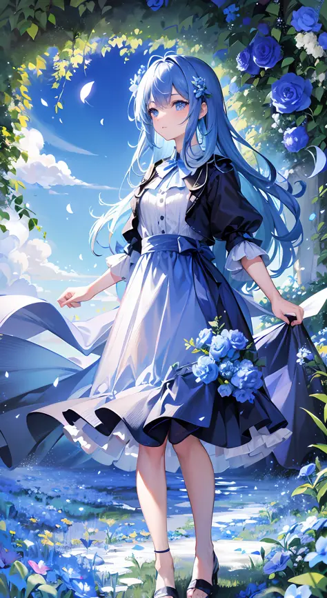 (absurdres, highres, ultra detailed, UHD, cinematic), solo, 1girl, mature, happy, girl standing in light blue flower field, ligh...