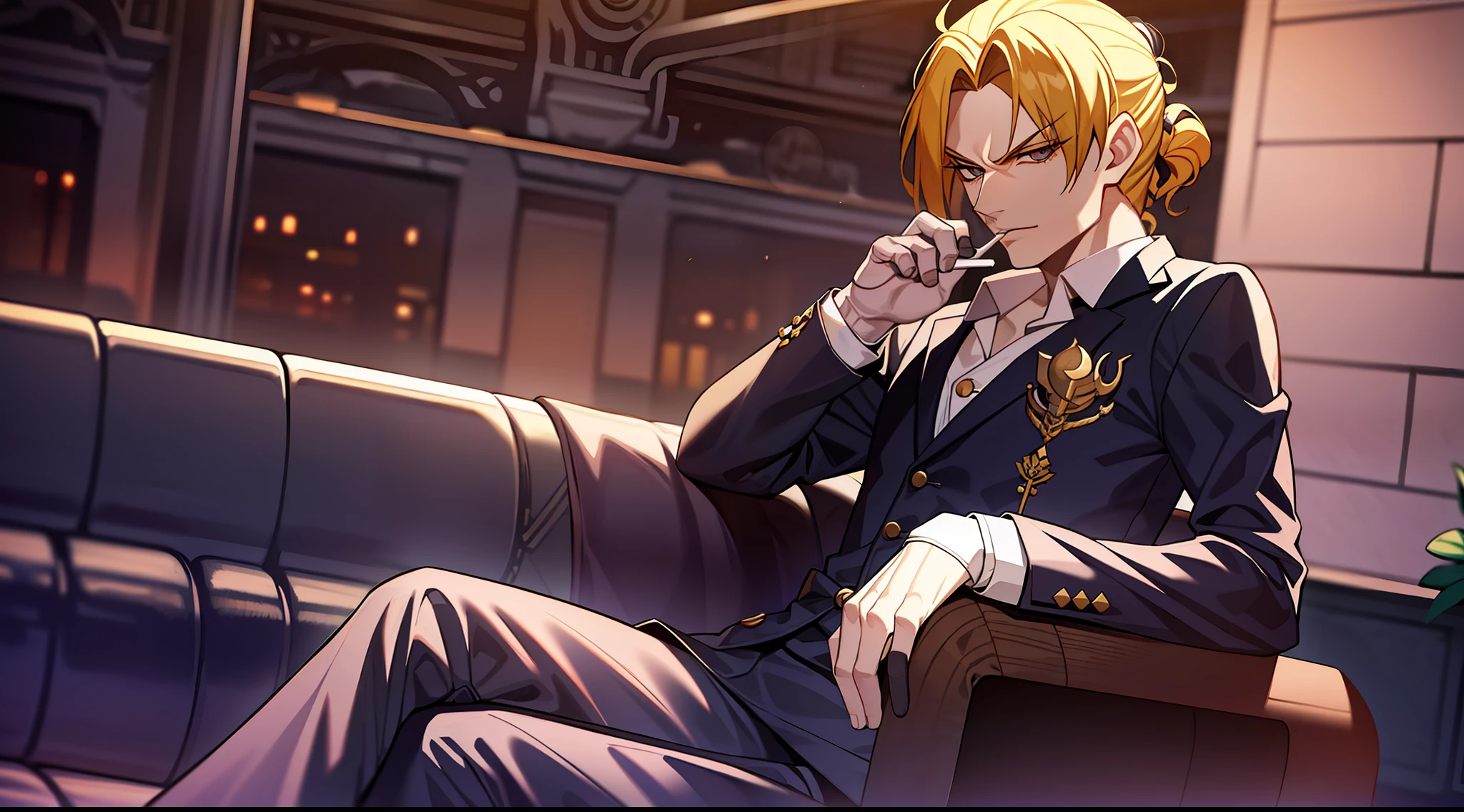 Dio, wearing an elegant suit with crossed legs and holding a lit cigarette between his fingers, with a black and white train station background in the background, in a relaxed and confident pose.