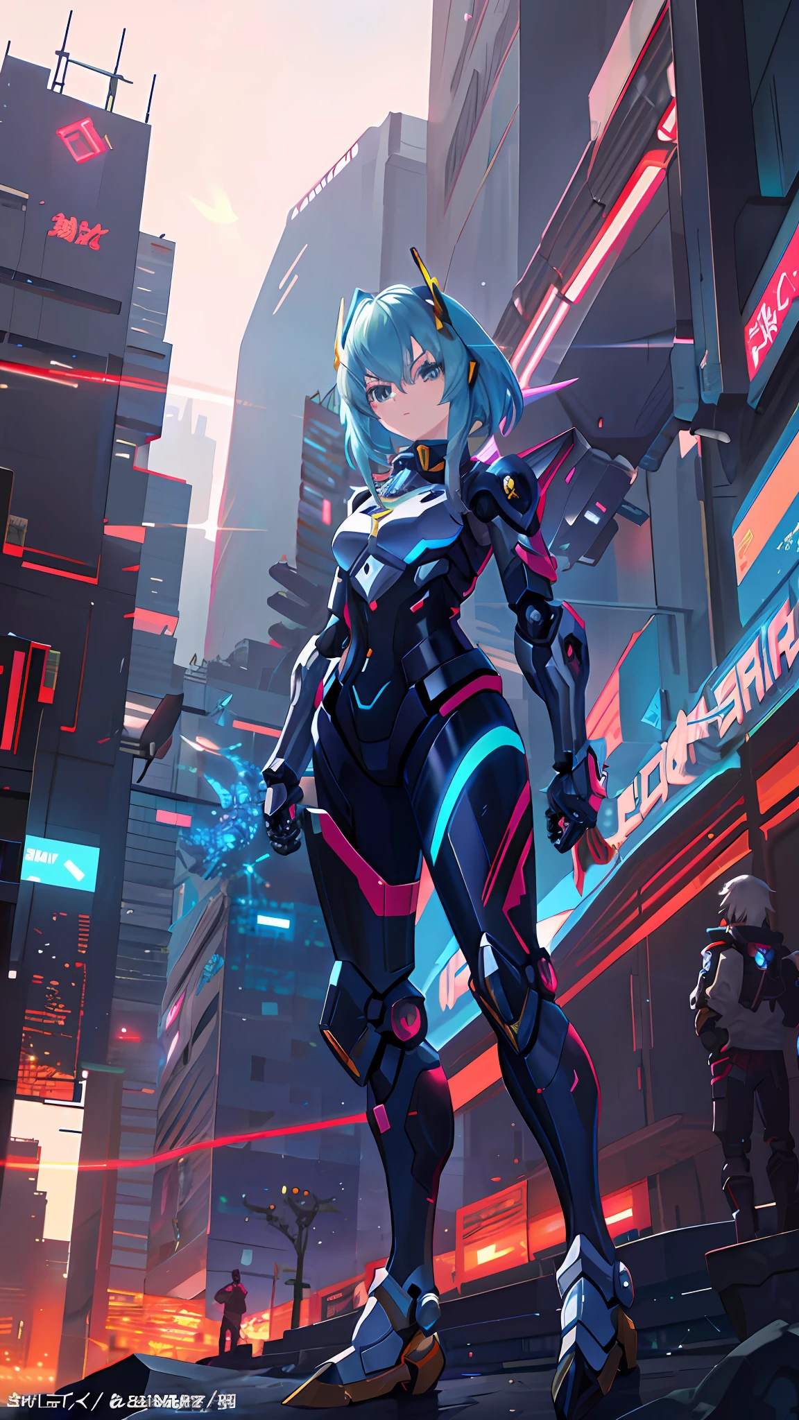 A woman in a futuristic suit standing in a city - SeaArt AI