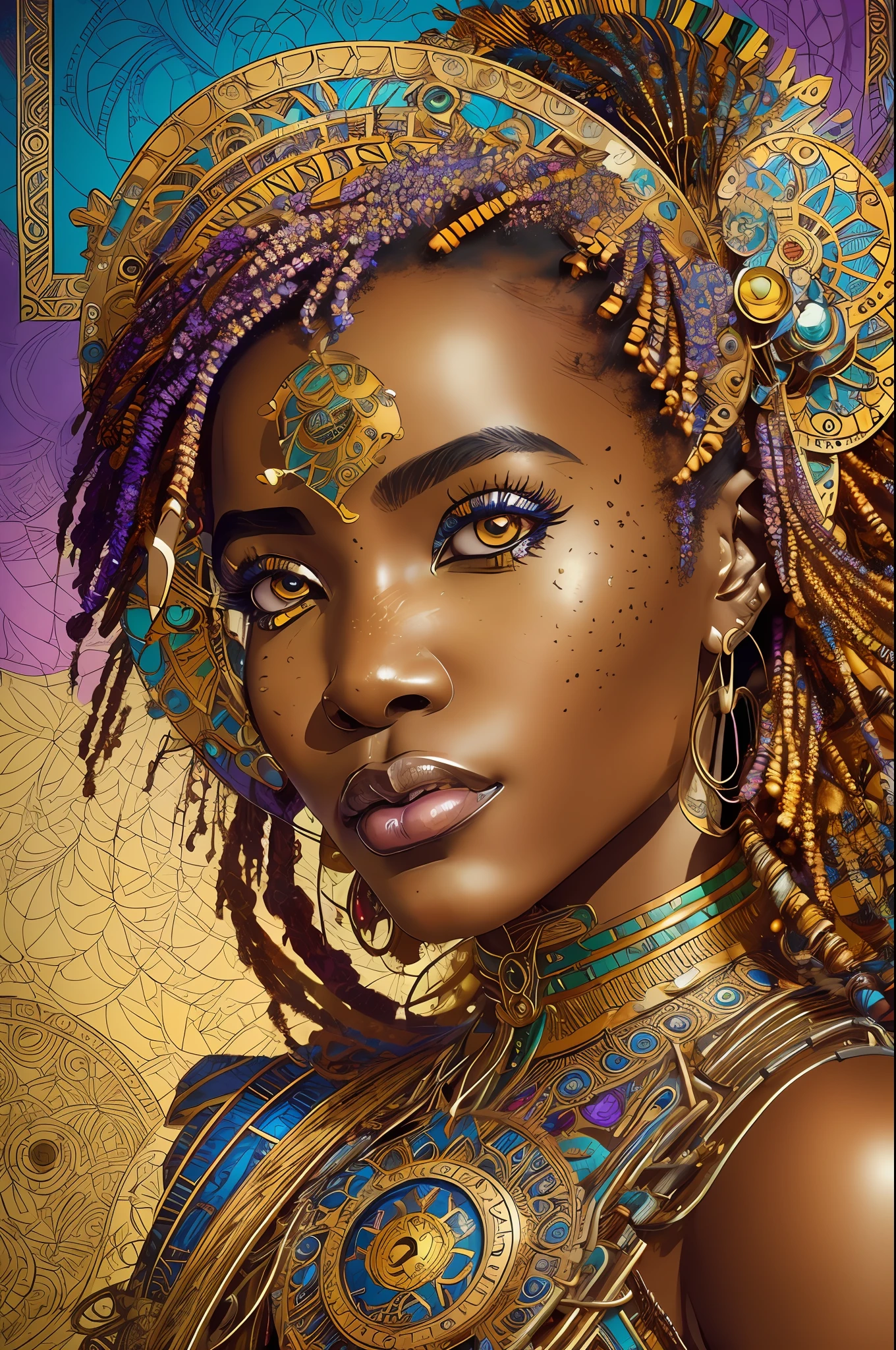 nvinkpunk, floral, steampunk (((Mujer joven africana))), Mujer increíblemente hermosa, obra maestra, mejor calidad, ((cara detallada)), pelo largo y desordenado, colores dorados, Ojos brillantes, ((premiado)), (Alto detalle), afilado, 8K, tendencia en artstation, Intrincado, floral - ar 3:4 --auto --s2
