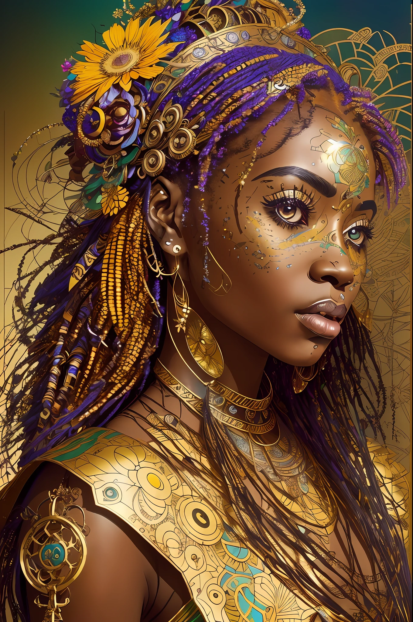 nvinkpunk, Floral, Steampunk (((Jeune femme africaine))), femme incroyablement belle, chef-d&#39;œuvre, Meilleure qualité, ((Visage détaillé)), cheveux longs en désordre, couleurs dorées, yeux pétillants, ((primé)), (Détails élevés), POINTU, 8k, tendance sur artstation, complexe, Floral - ar 3:4 --auto --s2