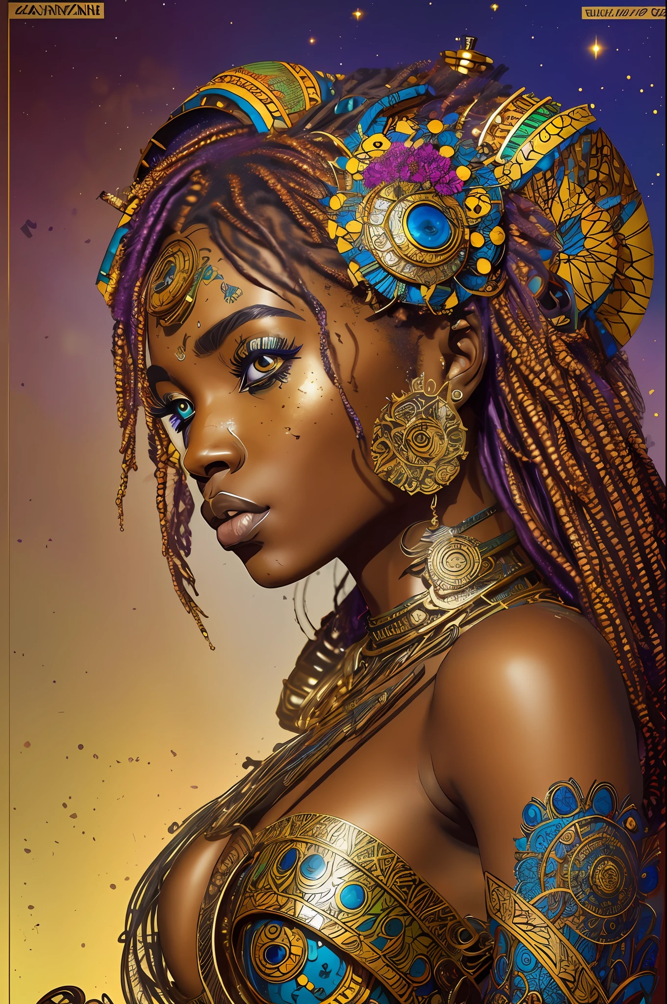 nvinkpunk, Floral, Steampunk (((Jeune femme africaine))), femme incroyablement belle, chef-d&#39;œuvre, Meilleure qualité, ((Visage détaillé)), cheveux longs en désordre, couleurs dorées, yeux pétillants, ((primé)), (Détails élevés), POINTU, 8k, tendance sur artstation, complexe, Floral - ar 3:4 --auto --s2