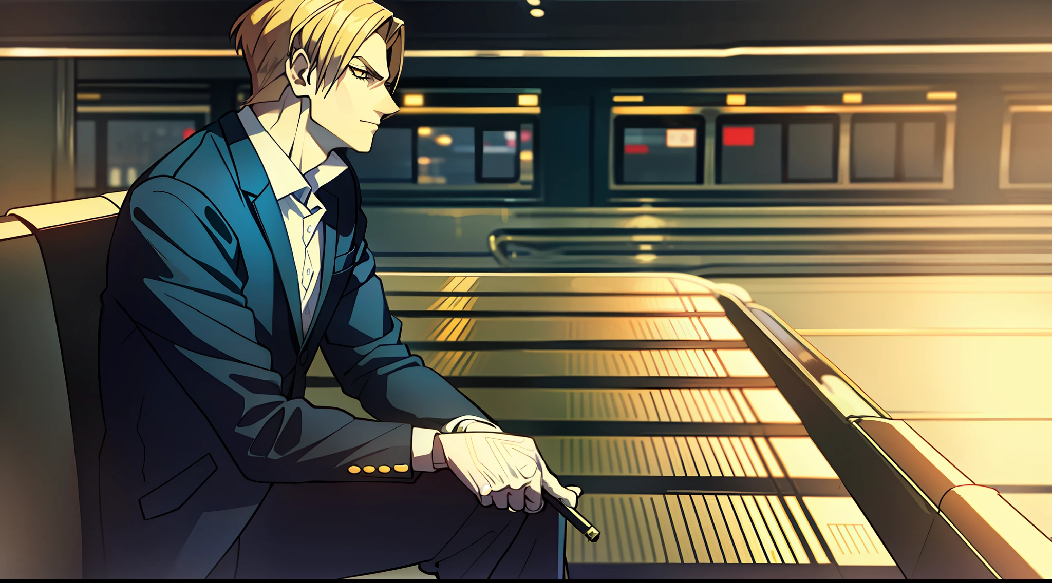 "TEIL, trägt einen Anzug und raucht eine Zigarette, mit gekreuzten Beinen sitzen, ein hübsches Gesicht in einer schwarz-weißen Kulisse am Bahnhof."