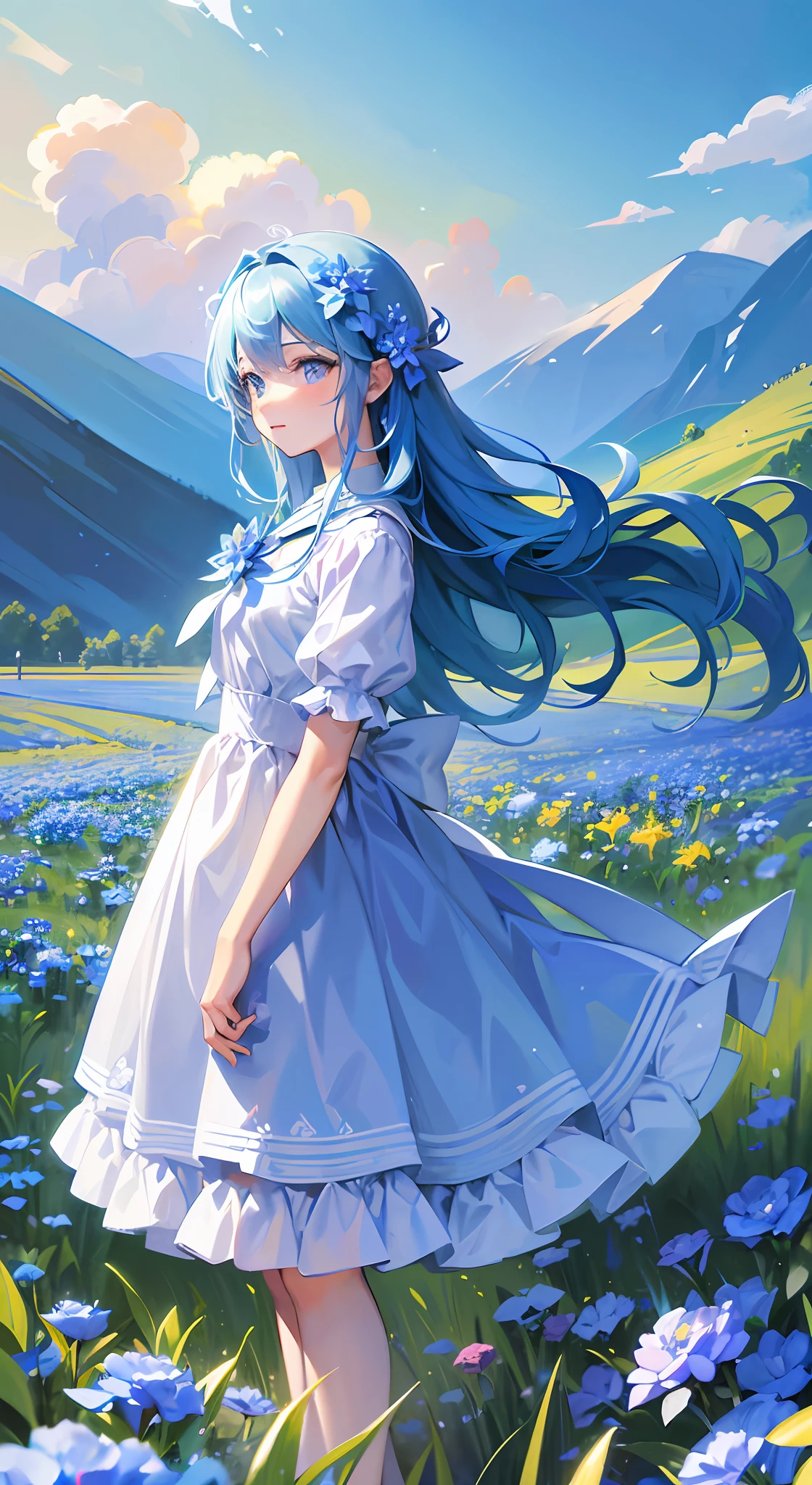 (absurdres, highres, ultra detailed, UHD, cinematic), solo, 1girl, mature, happy, girl standing in light blue flower field, light blue flower petal surrounding girl, full body, blue long hair girl, light blue hair, fantasy, dreamy, snowy, official art, pop art, profile, ultra detailed face, ultra detailed eyes, light blue flower field, ultra detailed field, white blue sky, cold, light blue, white,  nebula in the sky, blue tree, watercolor, pastel color