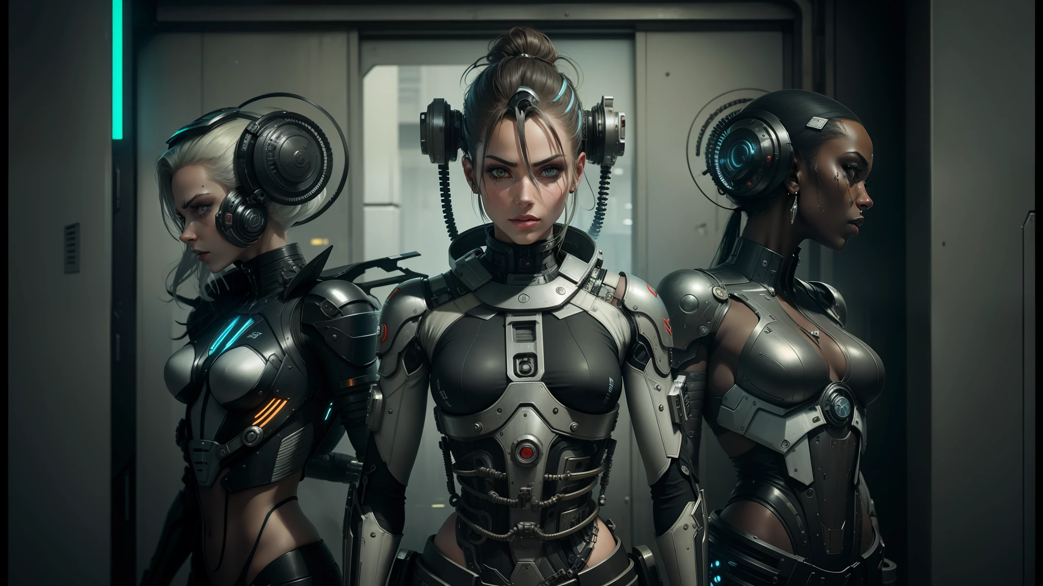 A group of women in futuristic costumes standing in a hallway - SeaArt AI