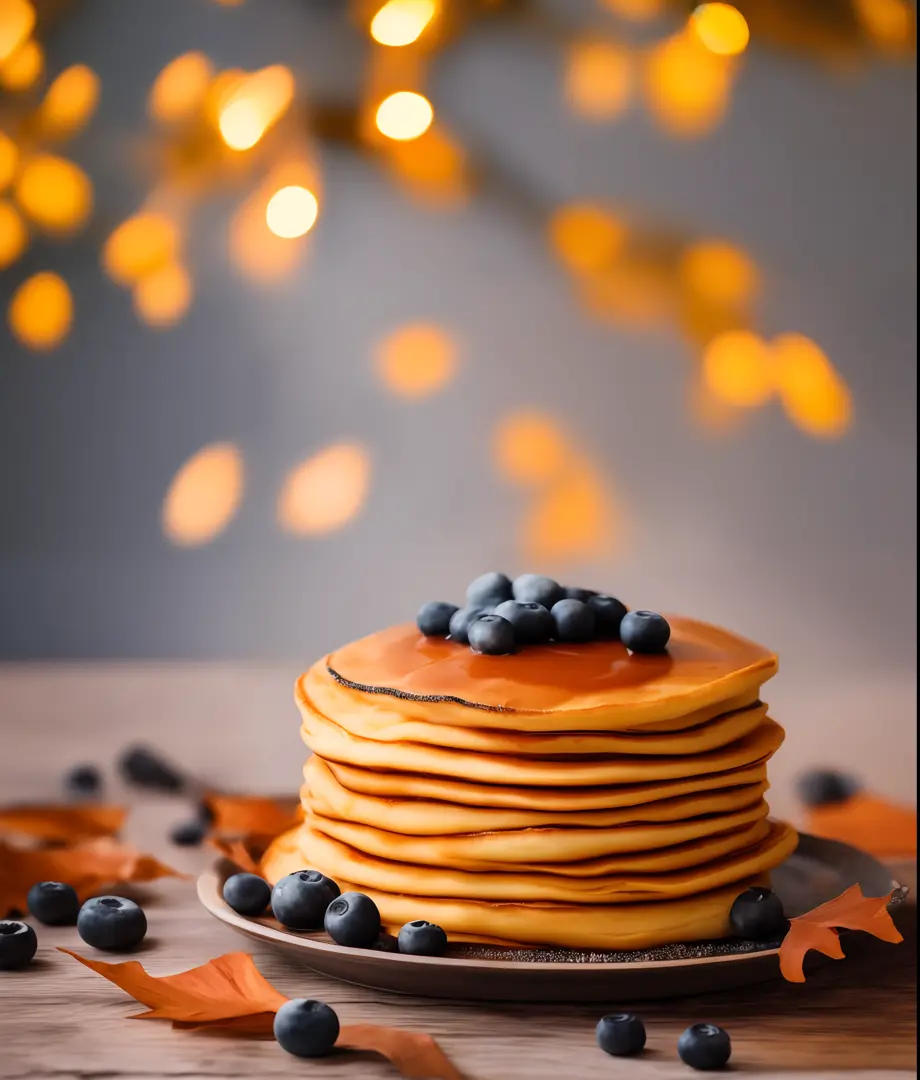 a towering landscape of pancakes dripping with maple syrup and blueberries on a table, autumn wind, contest winner 2021, 🎀 🍓 🧚, ...