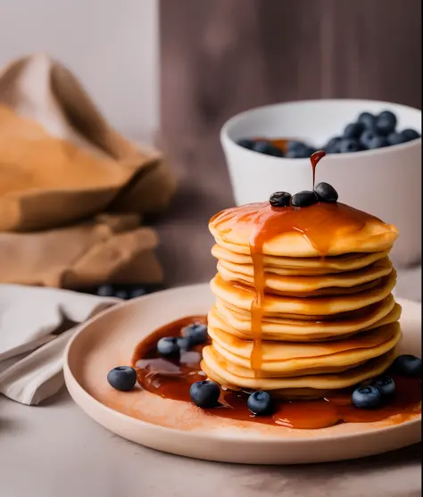 a towering landscape of pancakes dripping with maple syrup and blueberries on a table, autumn wind, contest winner 2021, 🎀 🍓 🧚, ...