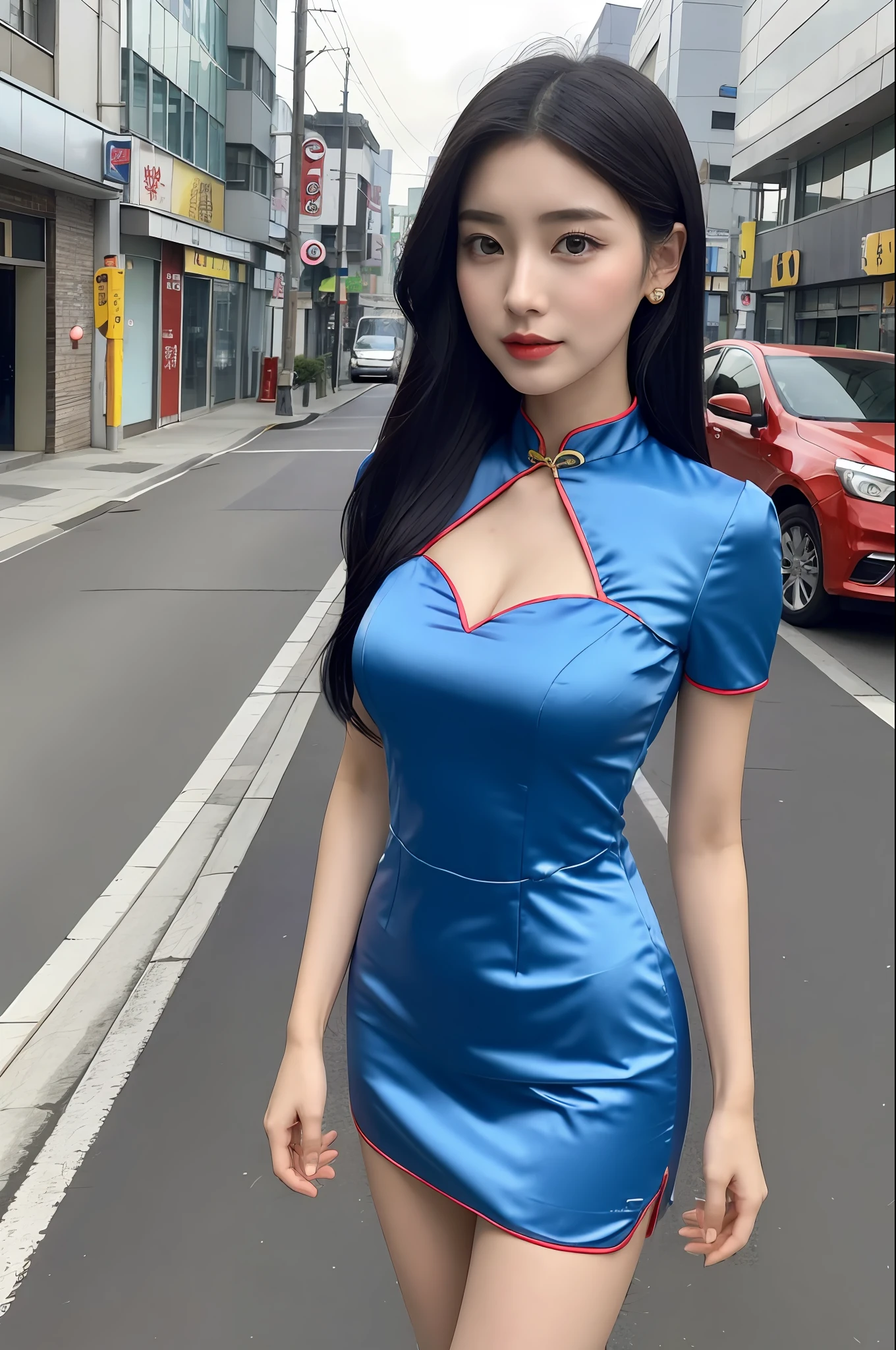 A close up of a woman in a blue dress on a street - SeaArt AI