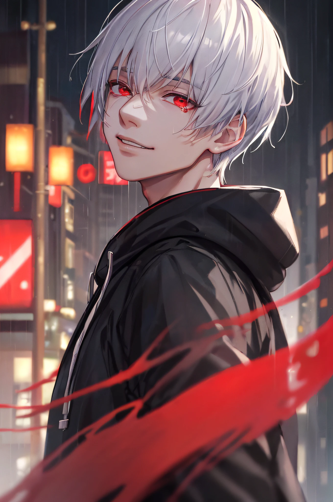 anime boy with white hair and red eyes standing in the rain, with red glowing eyes, with glowing red eyes, ken kaneki, kaneki ken, badass anime 8 k, anime style 4 k, anime art wallpaper 8 k, best anime 4k konachan wallpaper, his eyes are red and glowing, white haired, 4k anime wallpaper, with glowing eyes