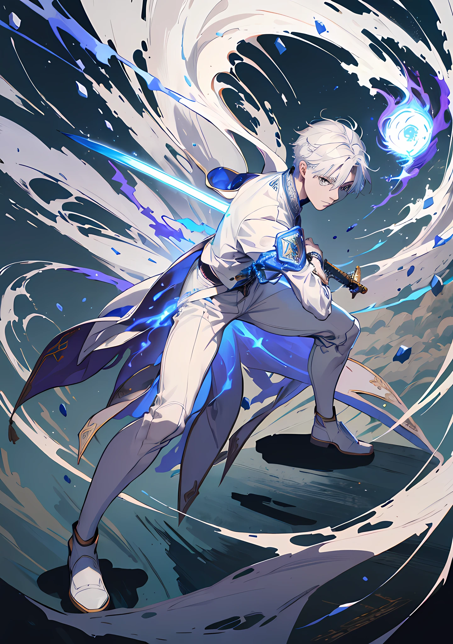 (absurdres, highres, ultra detailed), masterpiece, best quality, a boy in a white jacket, holding a sword, solo, handsome, short hair, white hair, detailed face, combat stance, attack pose, wielding sword pose, abstract background, swirl, spark, magic vortex