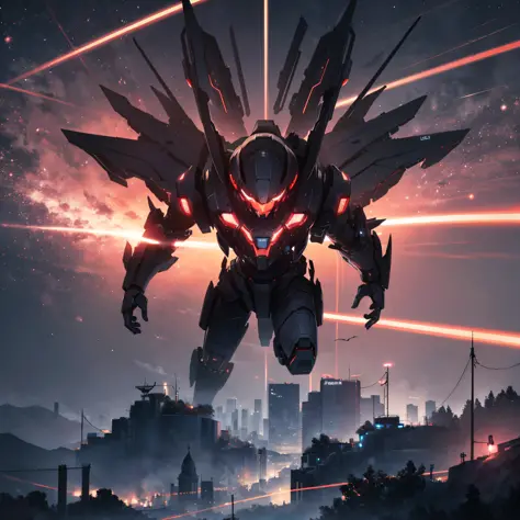 Absurd resolution, high resolution, (masterpiece: 1.4), hyper-detail, night, a red mech, flying in the sky (1.8) above the city,