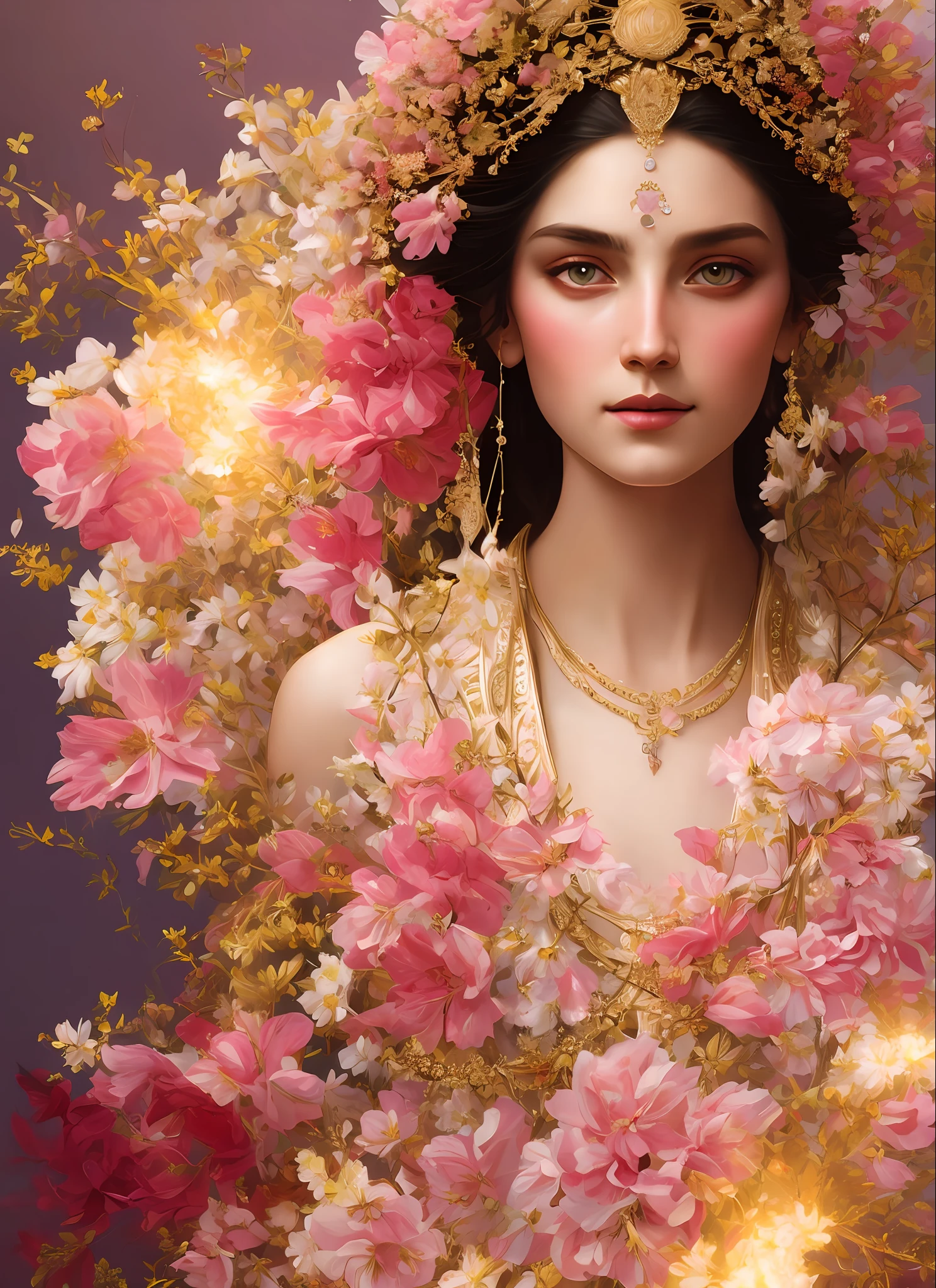 (symmetry:1.1) (portrait of floral:1.05) a woman as a beautiful goddess, (assassins creed style:0.8), pink and gold and opal color scheme, beautiful intricate filegrid facepaint, intricate, elegant, highly detailed, digital painting, artstation, concept art, smooth, sharp focus, illustration, art by greg rutkowski and alphonse mucha, 8k