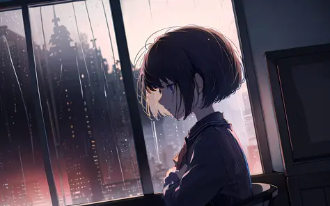 Profile of girl sitting on chair, eyes hidden in hair, sad expression, indoors, rain outside the window, bob cut, art station trend, 8K resolution, high resolution, anatomically correct, clear image, digital painting, concept art, pixiv trend, style Makoto...
