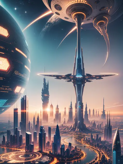 futuristic city, 24th century, spaceship, space colony, futuristic society