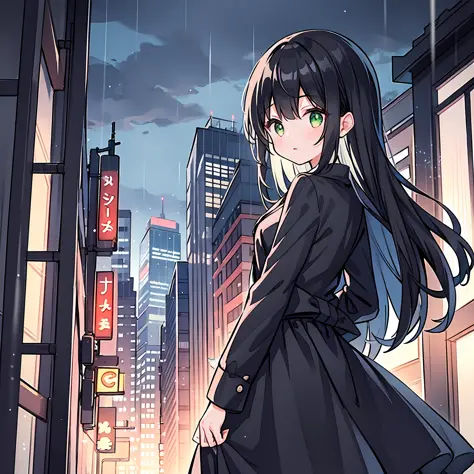 Girl with black hair and green eyes, black clothes, long hair, city, rainy day, {{{dark night}}}, illustration, beautiful eyes, ...