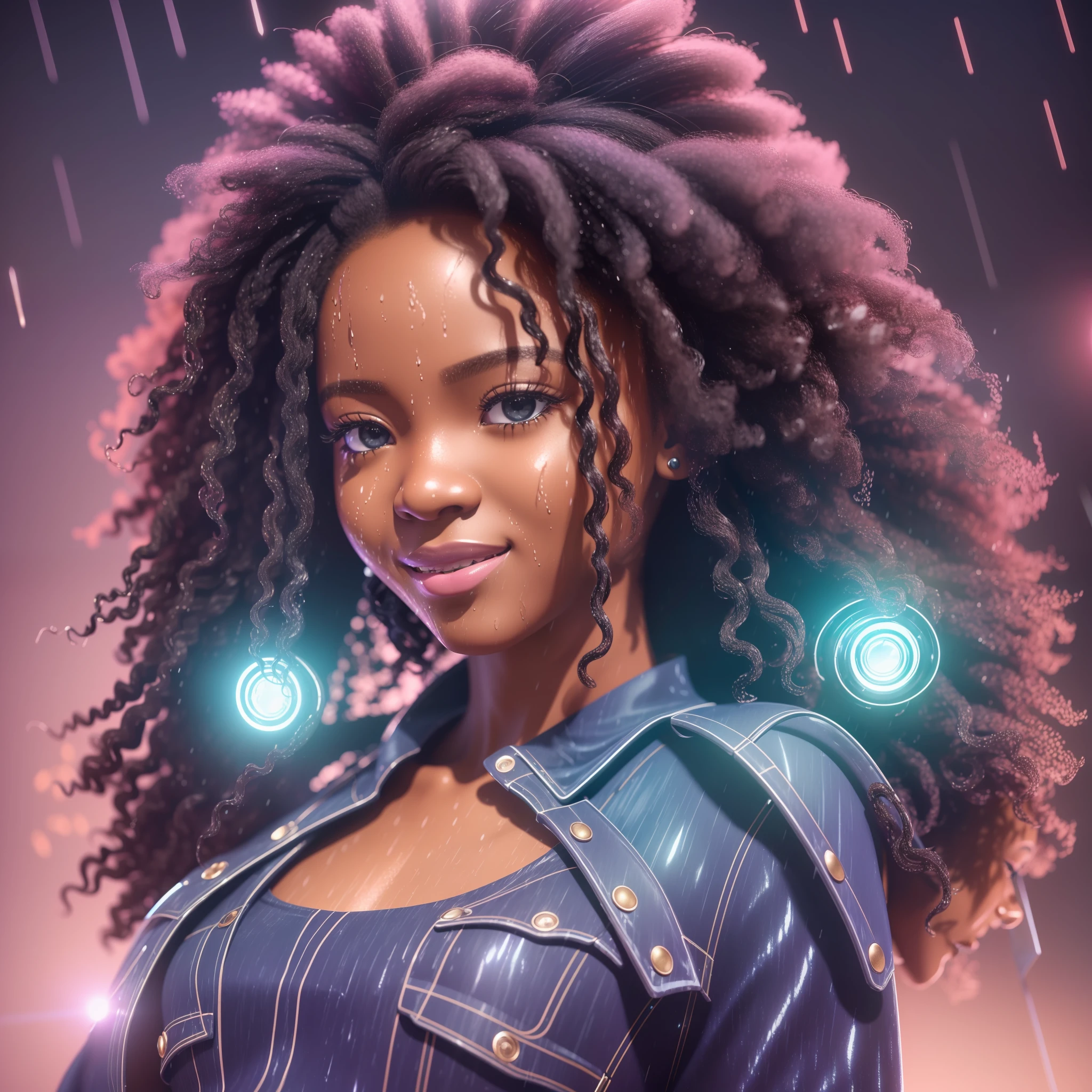 A beautiful 9-month-old Afro-futuristic girl chibi character ((dark skin color)), chibi, cute smile, ((wet in the rain)), wearing blue plain blouse and jeans, current fashion, mega long curly hair hair, ((kanekalon)), (cinematic contour lighting), close-up, product preview, detailed facial details, perfect face, sharpness, trend art, sharp facial details, cgsociety,  very high quality digital art, exquisite hyperdetail, 4k, 3D, soft lighting 8k, dreamy fashion --air 9:16 --auto --s2