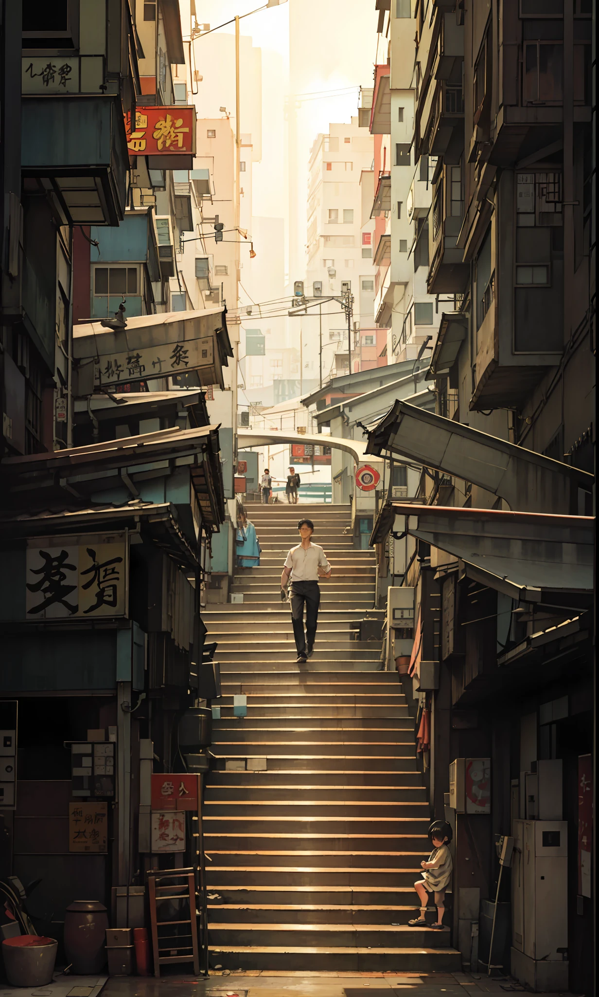 há uma pessoa subindo um conjunto de escadas em uma cidade, Um alambique de Kowloon, ruas de Hong Kong, rua de Hong Kong, em Hong Kong, cidade como Hong Kong, andando por uma pequena cidade, Kowloon Cyberpunk, Arte de uma rua de Hong Kong, homem andando pela cidade, inspirado em Carl Spitzweg, por John La Gatta