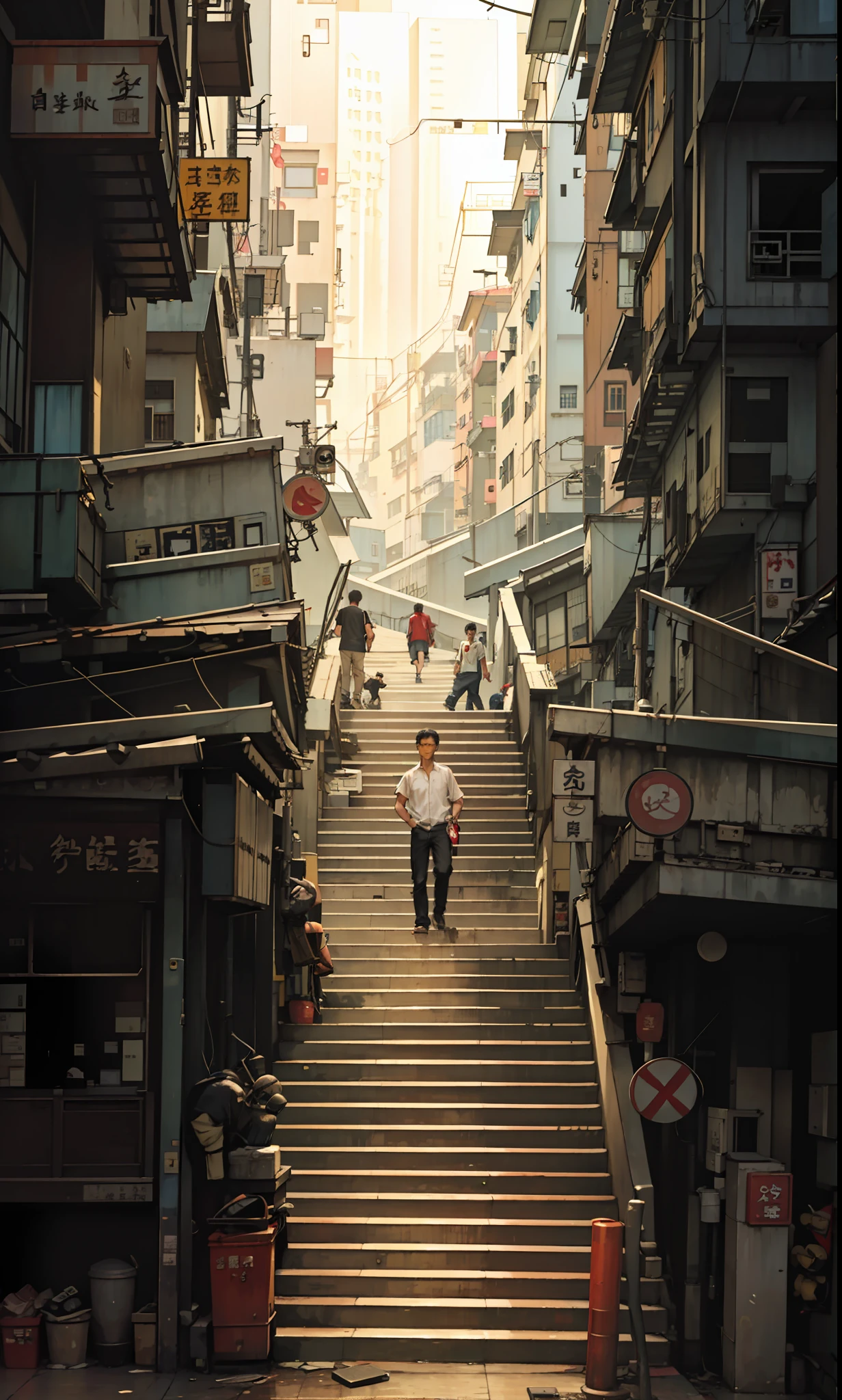 there is a person walking up a set of stairs in a city, a still of kowloon, streets of hong kong, street of hong kong, in hong kong, city like hong kong, walking over a tiny city, kowloon cyberpunk, artwork of a hong kong street, man walking through city, inspired by Carl Spitzweg, by John La Gatta