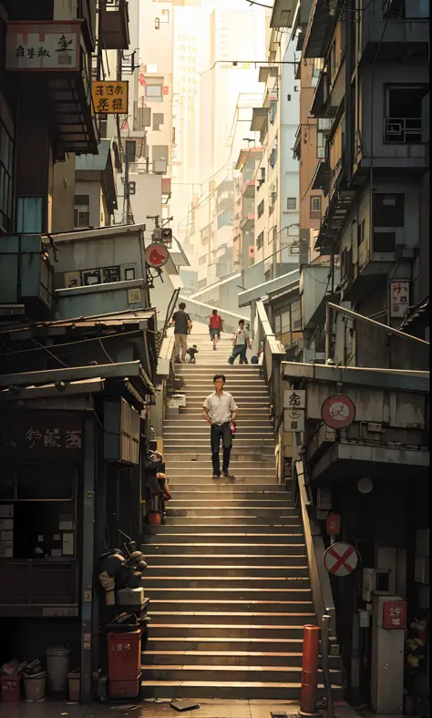 there is a person walking up a set of stairs in a city, a still of kowloon, streets of hong kong, street of hong kong, in hong k...