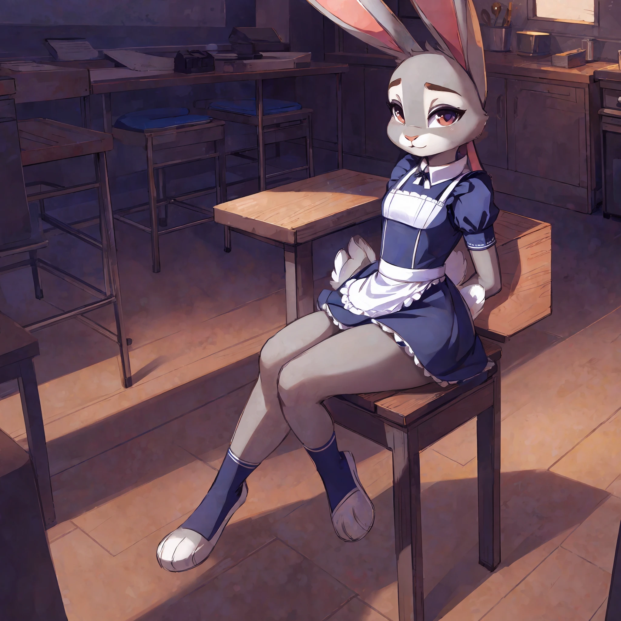 (Anthro Rabbit Girl, Rabbit Ears:1.2),, (1girl) (Sketch) (sitting, workshop background, maid uniform), (((Solo))), there is only 1 character on stage.