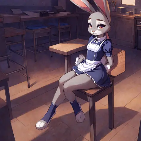 (anthro rabbit girl, rabbit ears:1.2),, (1girl) (sketch) (sitting, workshop background, maid uniform), (((solo))), there is only...