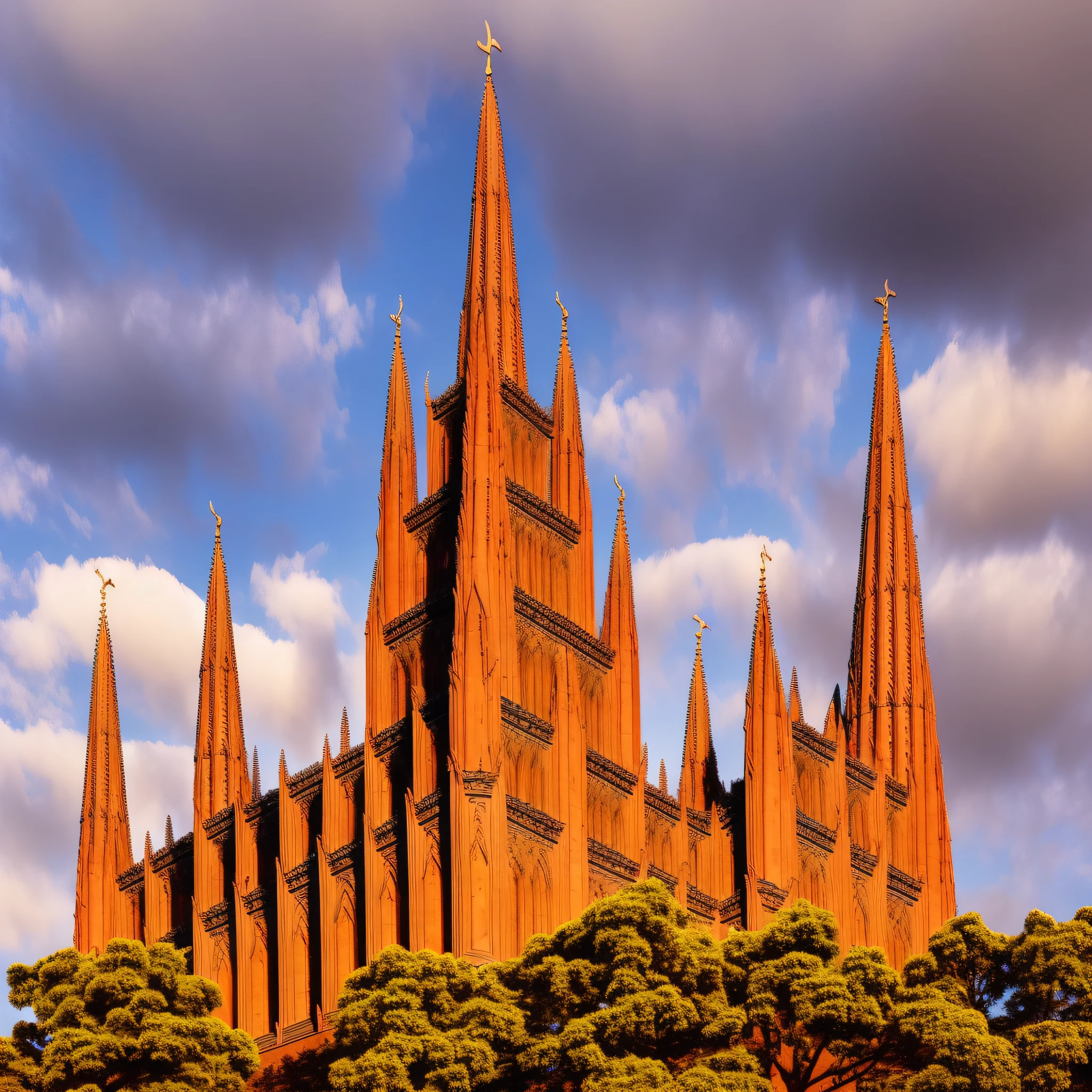 Gothic architecture, Gothic temple, tall temple, monumental temple, red brick masonry, rectangular temple shape, one tall spire, tall spire in the center of the structure, low spire in each corner, mountainous terrain, mountains, low clouds, white clouds, high-altitude clouds, sunrise.