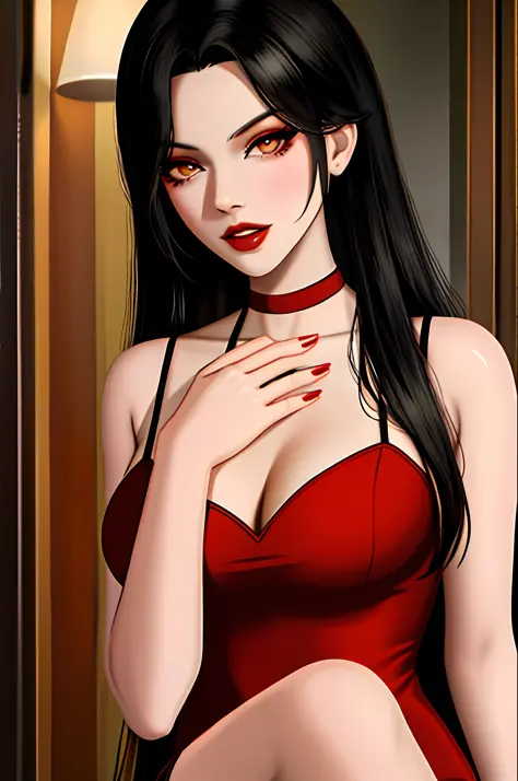bella goth from sims 4, black hair, dark skintone, red dress