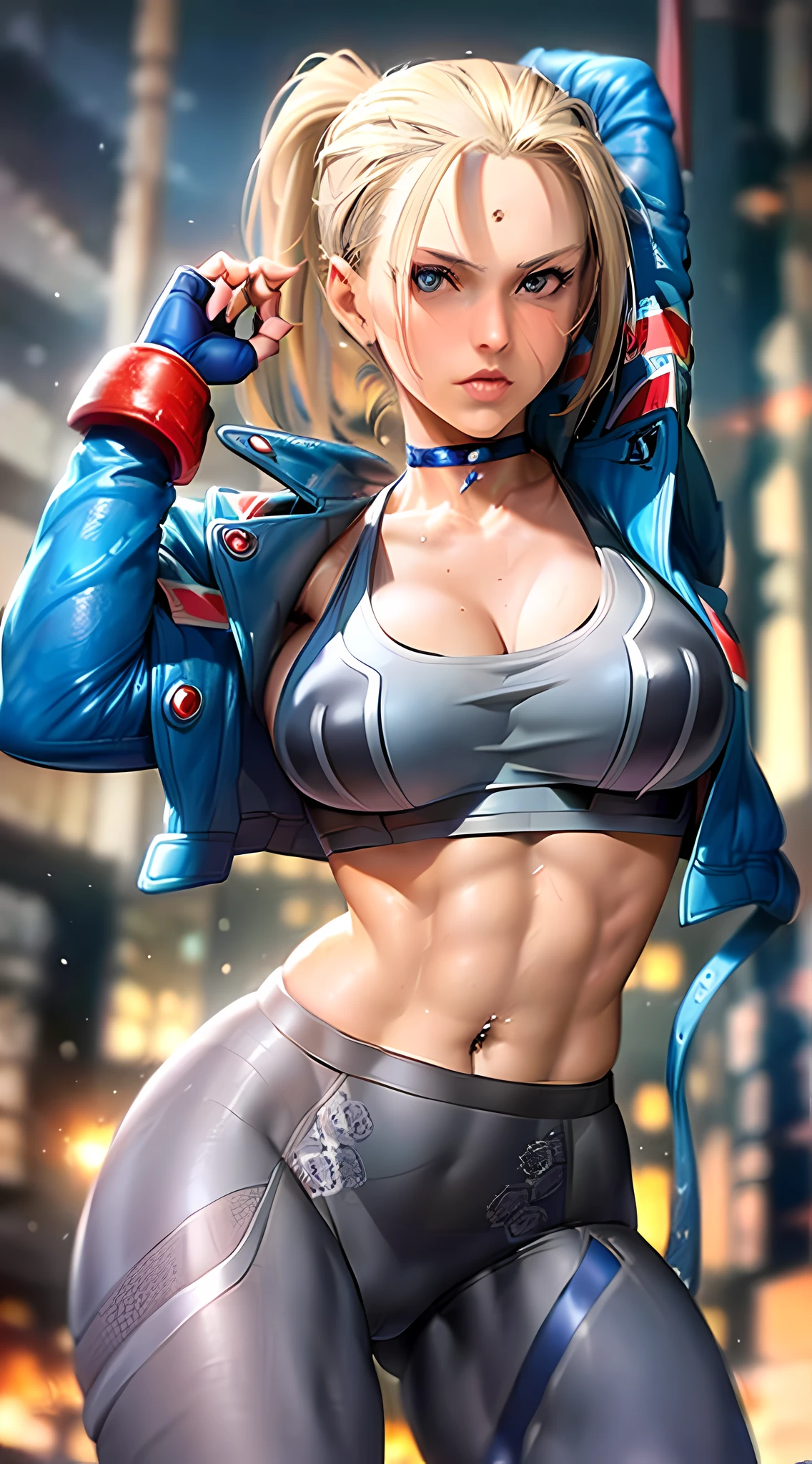 ((masterpiece)), ((best quality)), (ultra-detailed), ((sexy)), ((extremely detailed)), 4K, (8K), best quality, (beautiful), (((Cammy))), Cammy white, Cammy from street fighter 6, ((1girl)), ((scar from left side face)), ((mature women)), open navel, midriff, (((medieval city)), desert, morning, (((dark grey sports bra)))), (((beautiful blue eyes)), ((blue jacket)), beautiful shiny hair, (((dark grey pantyhose)))), muscular body, choker, (huge ass fitness 1.5) , big ass up for camera.