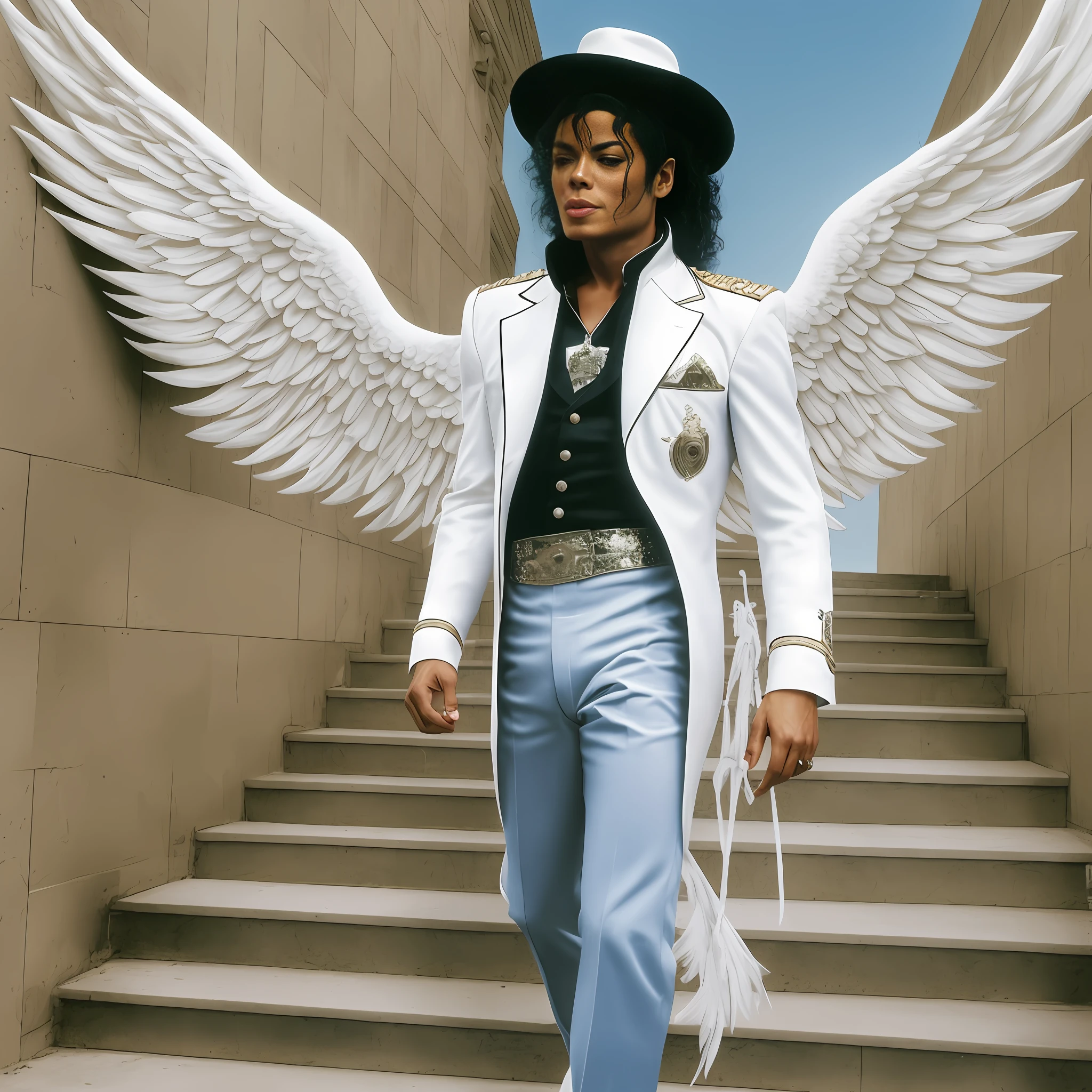 Michael Jackson with angel's wings and white clothing and he's walking up some white stairs towards his hat --auto --s2