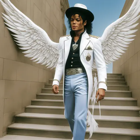 michael jackson with angel's wings and white clothing and he's walking up some white stairs towards his hat --auto --s2