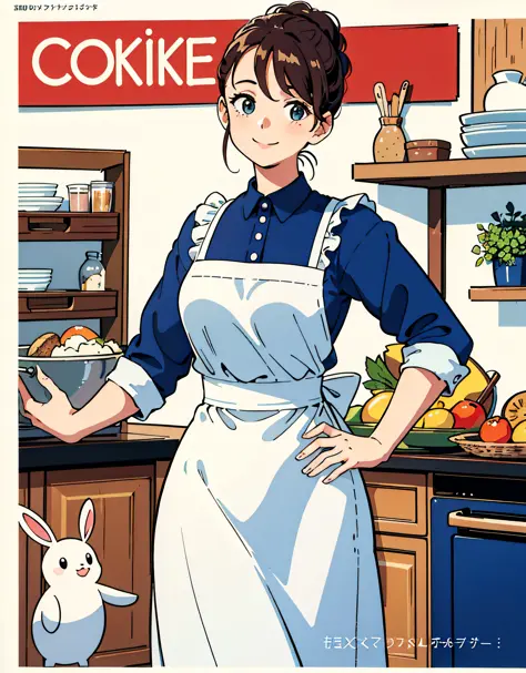 (Best Quality, Masterpiece), Front cover of a women's cooking magazine, 1girl, 30 years old, stunning, cute, heartwarming smile, hourglass figure, wearing floral dress, pinny apron, beautiful food, text, diagrams, advertisements, magazine title