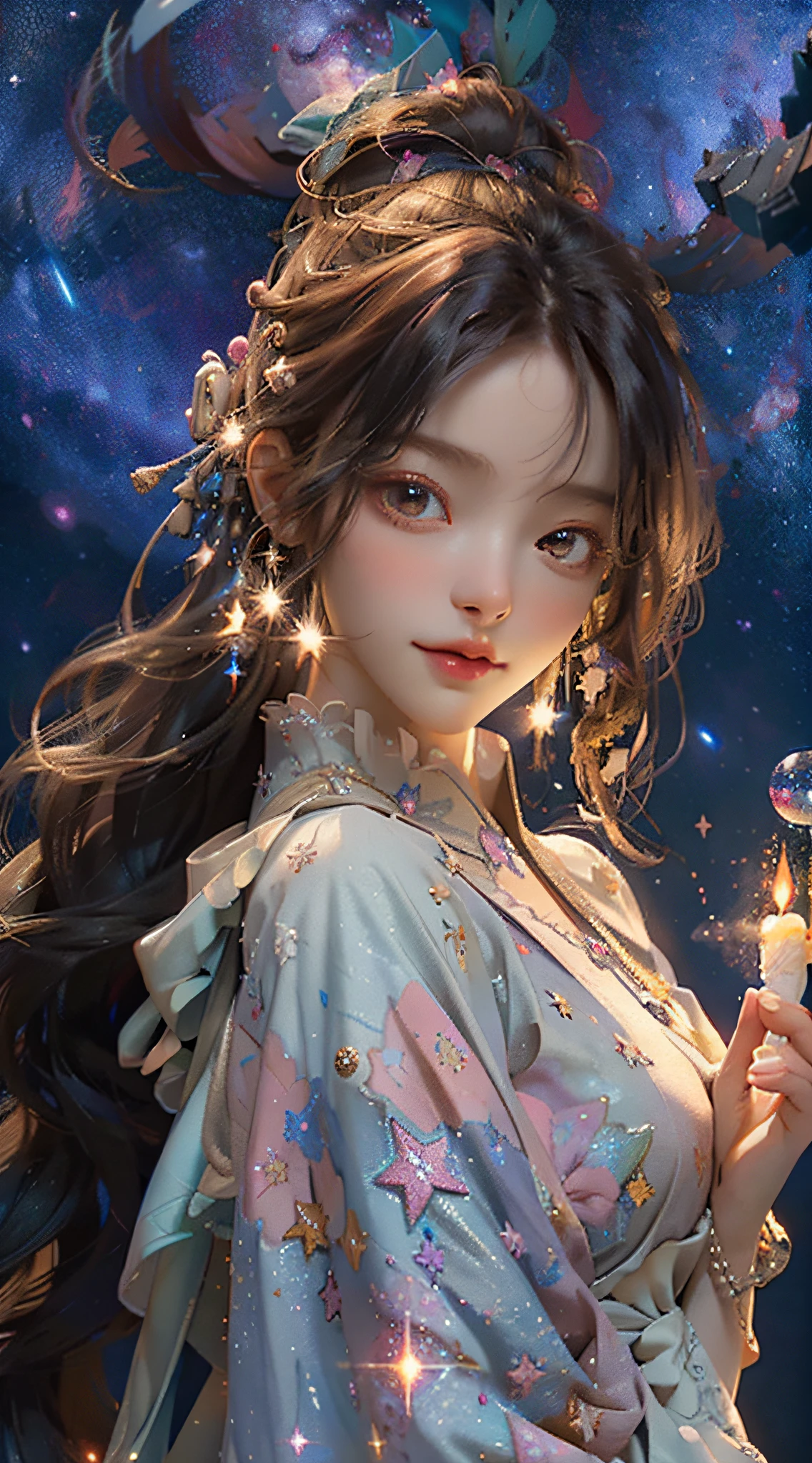 High detail, super detail, super high resolution, girl enjoying her time in the dream galaxy, surrounded by stars, warm light sprinkled on her, background is starry sky with colorful galaxies and galaxy clouds, stars flying around her, delicate face, adding playful atmosphere , --v6