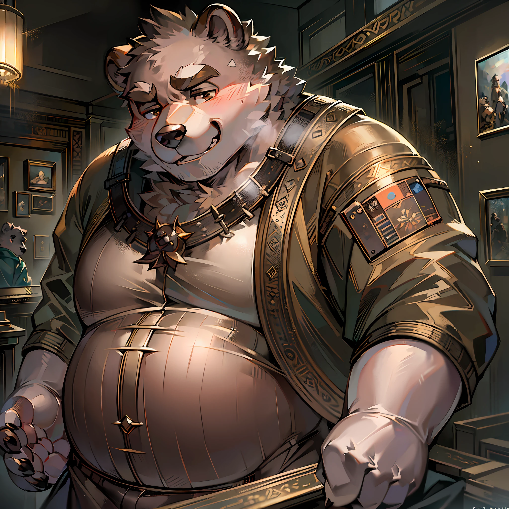 masterpiece, best quality, 8k resolution, highly detailed, Depth of field, male, (fat man), ((furry)), thick eyebrows, short eyebrows, (bear ears), moody lighting, Volumetric Lighting, Cinematic Lighting, in spring, museum, planetarium, ((japanses clothes))