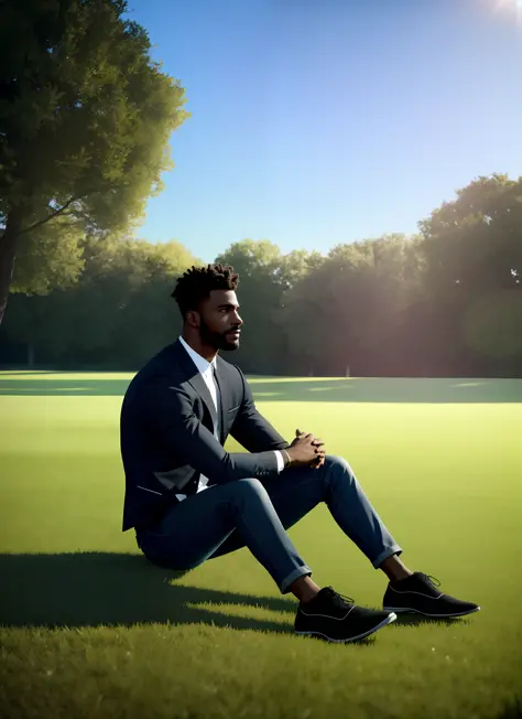 gorgeous black man,alone,sitting on a field lawn,thoughtful, 8k uhd, octane rendering, 4k, hdr, dynamic lighting