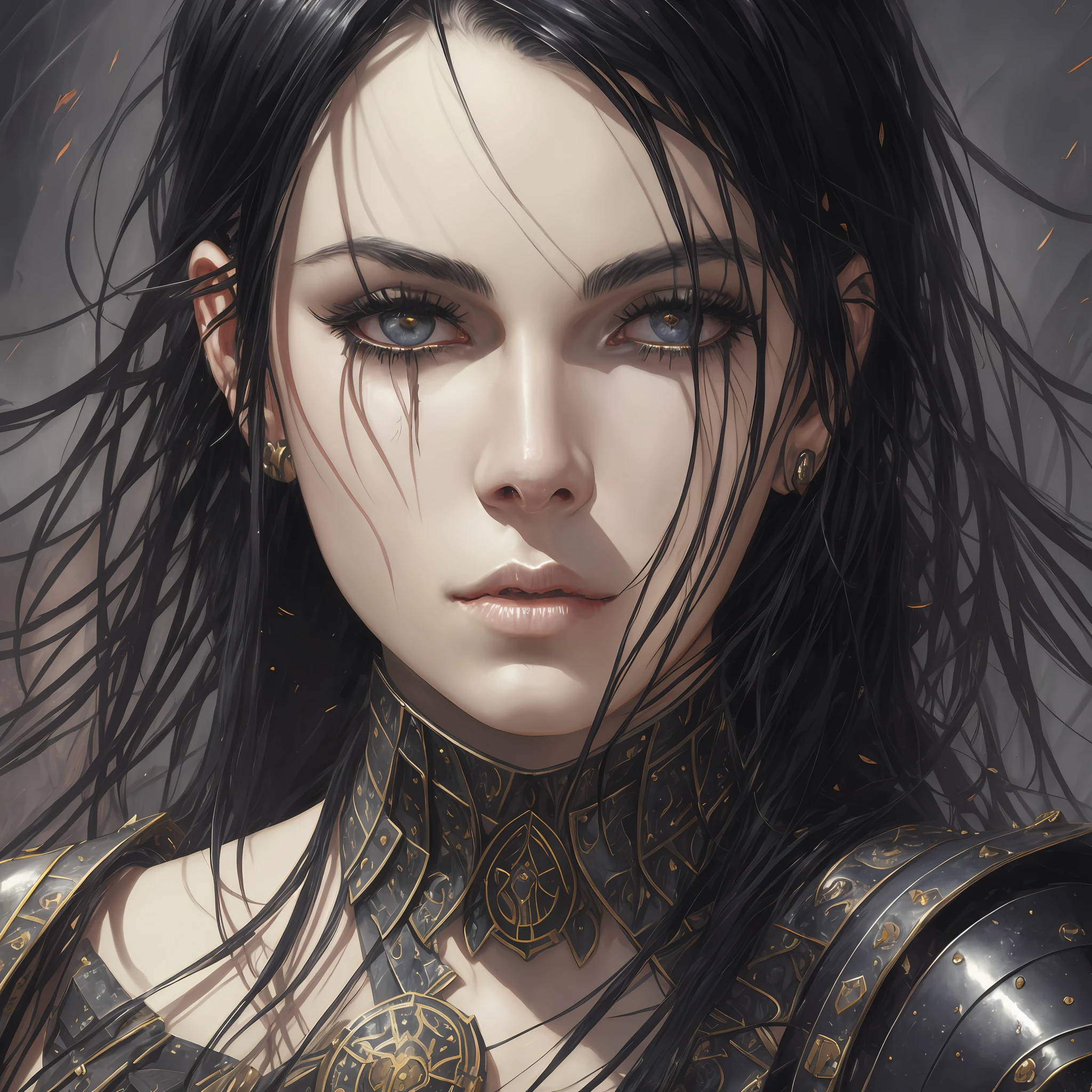 seductive, highly detailed close-up wallpaper of beautiful woman with black hair wearing black leather armor, scars, blood, dark gray eyes, serious, murderous, gothic style, intense, dark, very detailed, realistic, by Stanley Artgerm Lau, greg rutkowski, thomas kindkade, alphonse mucha, loish, norman --auto --s2